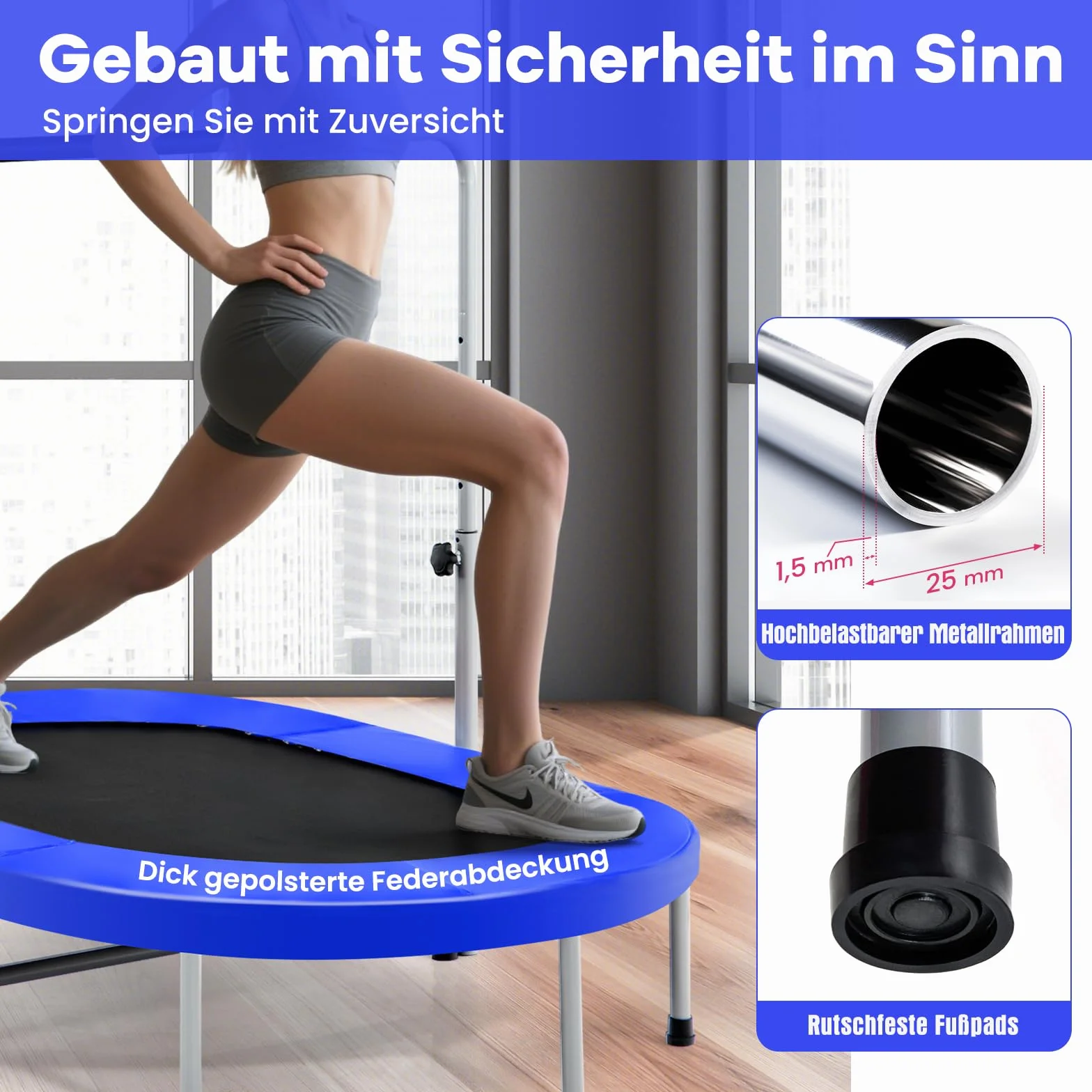 COSTWAY Trampolina dla 2 osób z uchwytem o regulowanej wysokości, obciążająca do 150 kg, składana (niebieska)