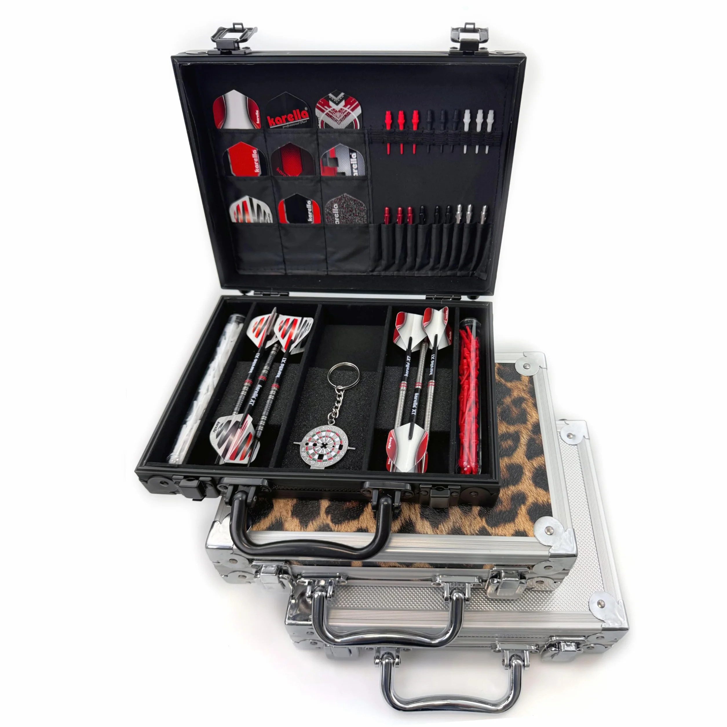 Karella Walizka aluminiowa PAK Luxus, High Class Profi etui na 2 zestawy rzutek miękkich lub stalowych, duża torba, z dużą ilością miejsca na rzutki i akcesoria, w kolorze srebrnym, czarnym i w wersji