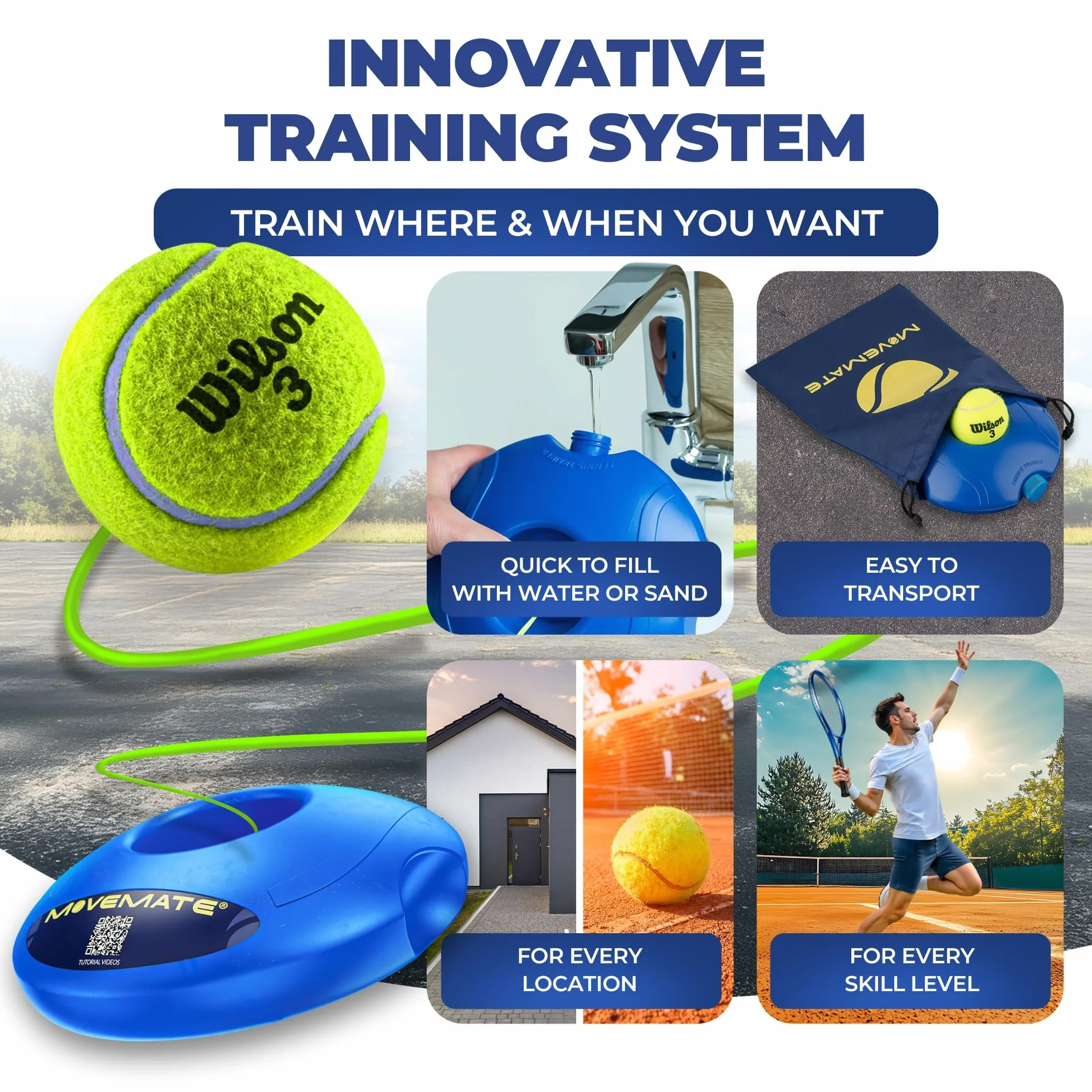 MOVEMATE Zestaw do tenisa z piłką tenisową Wilson® | innowacyjna gra w piłkę na świeżym powietrzu, w ogrodzie, w parku dla nastolatków i dorosłych | w tym torba transportowa i filmy z ćwiczeniami
