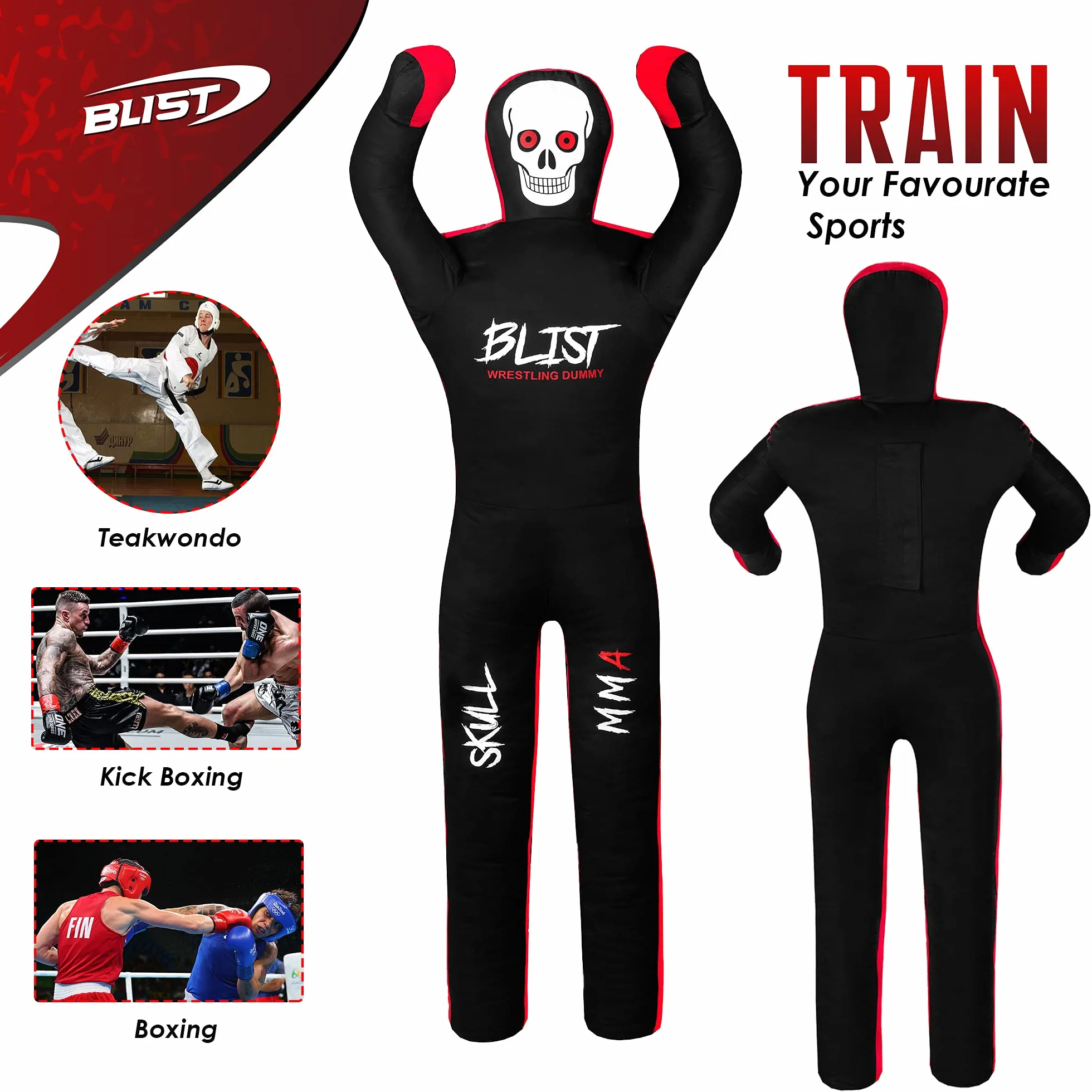 Blist MMA Grappling Dummy Judo worek bokserski Brazylijski BJJ Jiu Jitsu pozycja siedząca Wrestling Sztuki Walki Boks Karate Training (niewypełniony), czarny, 177,8 cm