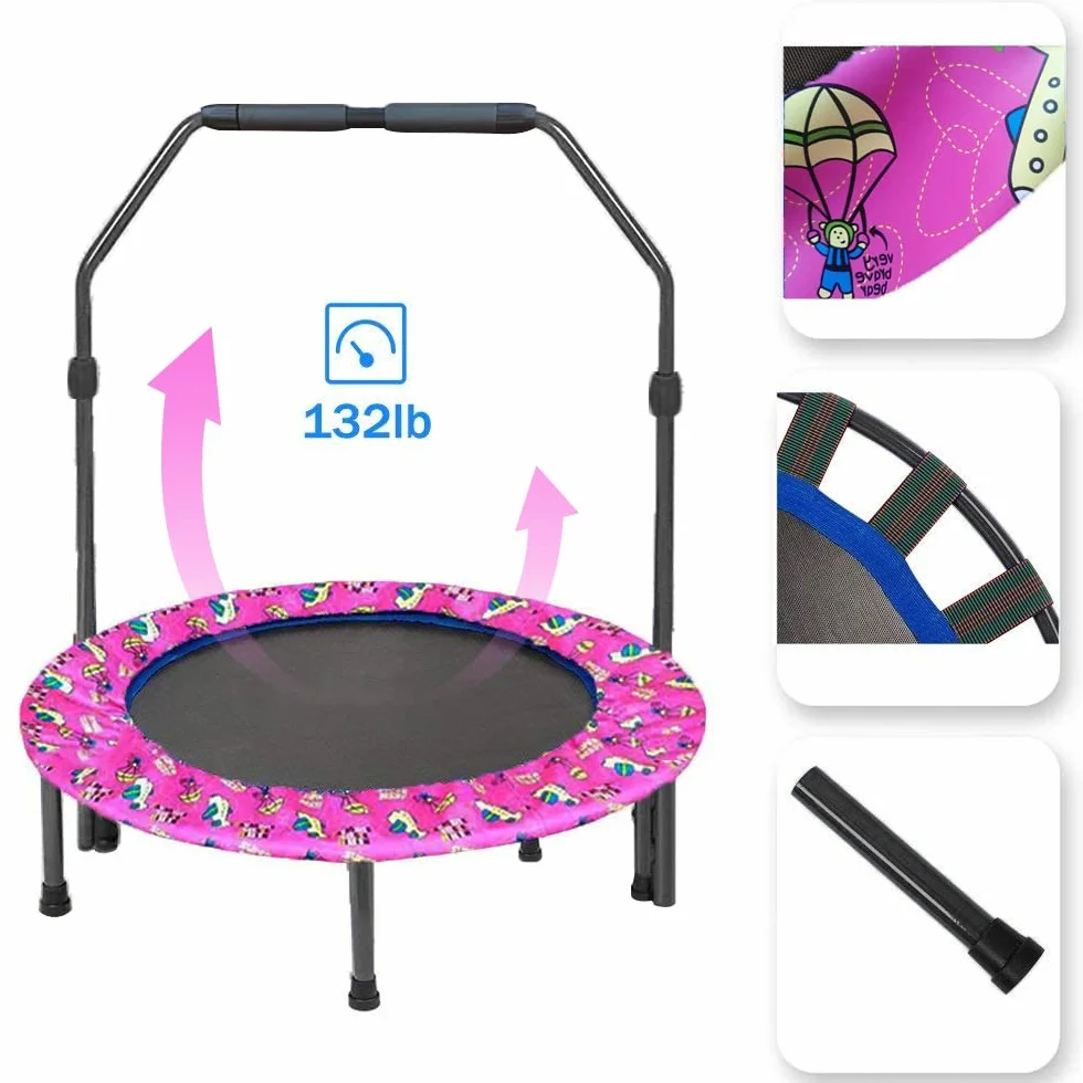 Mini trampolina dla dzieci z regulowanym uchwytem składana różowa