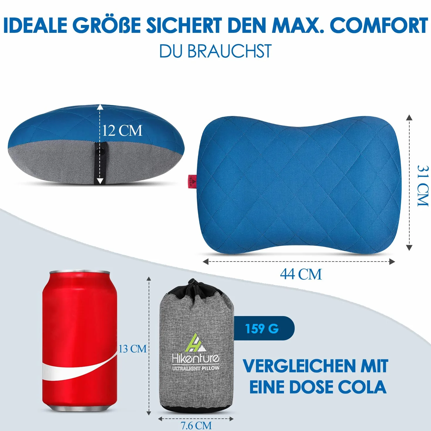 HIKENTURE nadmuchiwana poduszka kempingowa/podróżna ze zdejmowaną poszewką na poduszkę, ergonomiczna poduszka pod głowę, wygodna poduszka na kark do podróży / na zewnątrz (niebieska), rozmiar uniwersalny