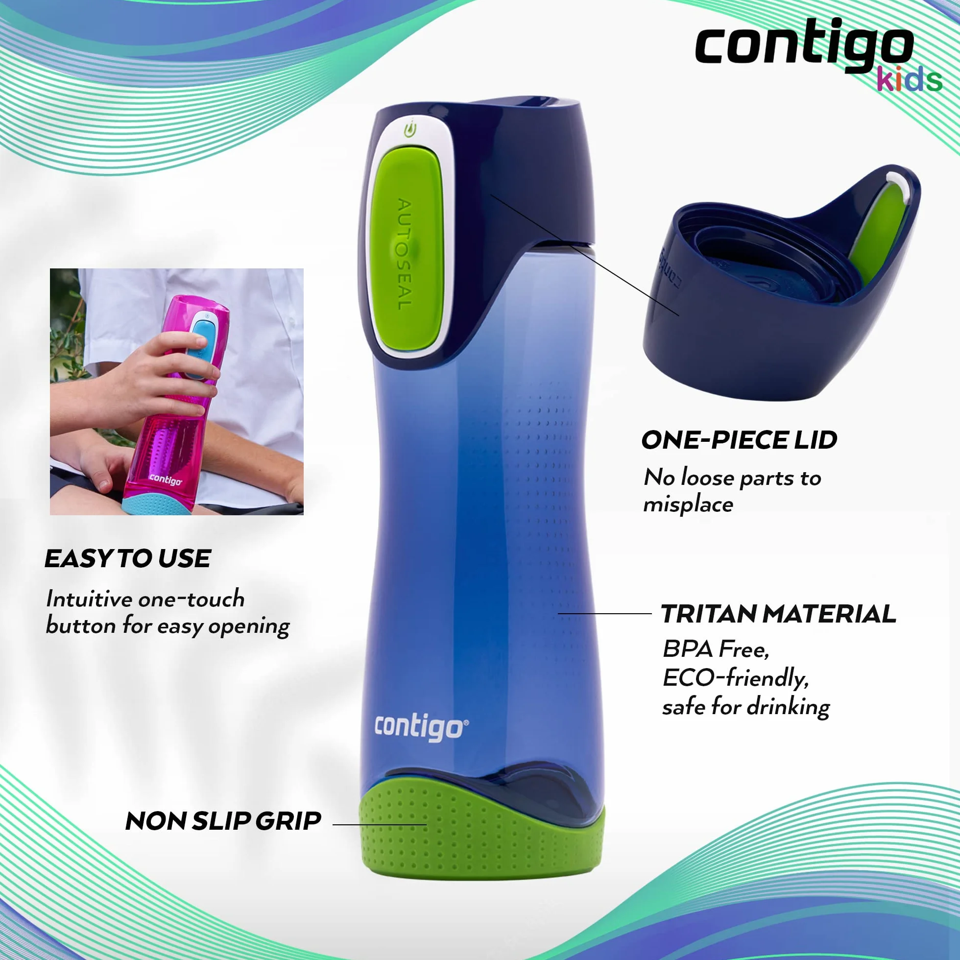 Contigo Swish Autoseal butelka na wodę, duża, bez BPA, szczelna butelka na siłownię, idealna do uprawiania sportu, biegania, jazdy na rowerze, biegania, wędrówek, 500 ml