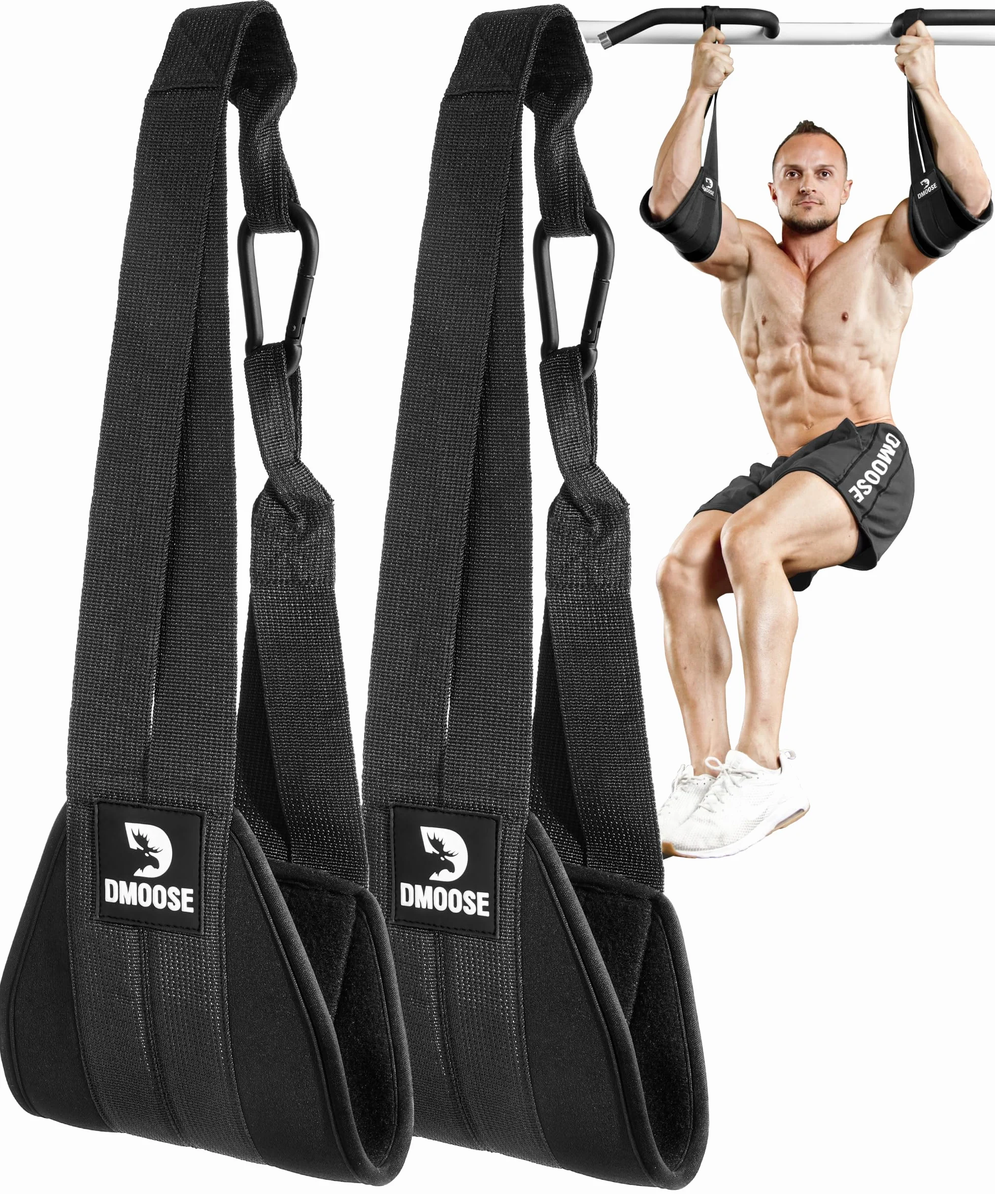 DMoose Fitness Wiszące pasy biodrowe do drążków do podciągania i treningu siłowego – grubo wyściełany pas na ramię do podciągania się brzucha z 2 nierdzewnymi karabińczykami – pasy do podciągania do