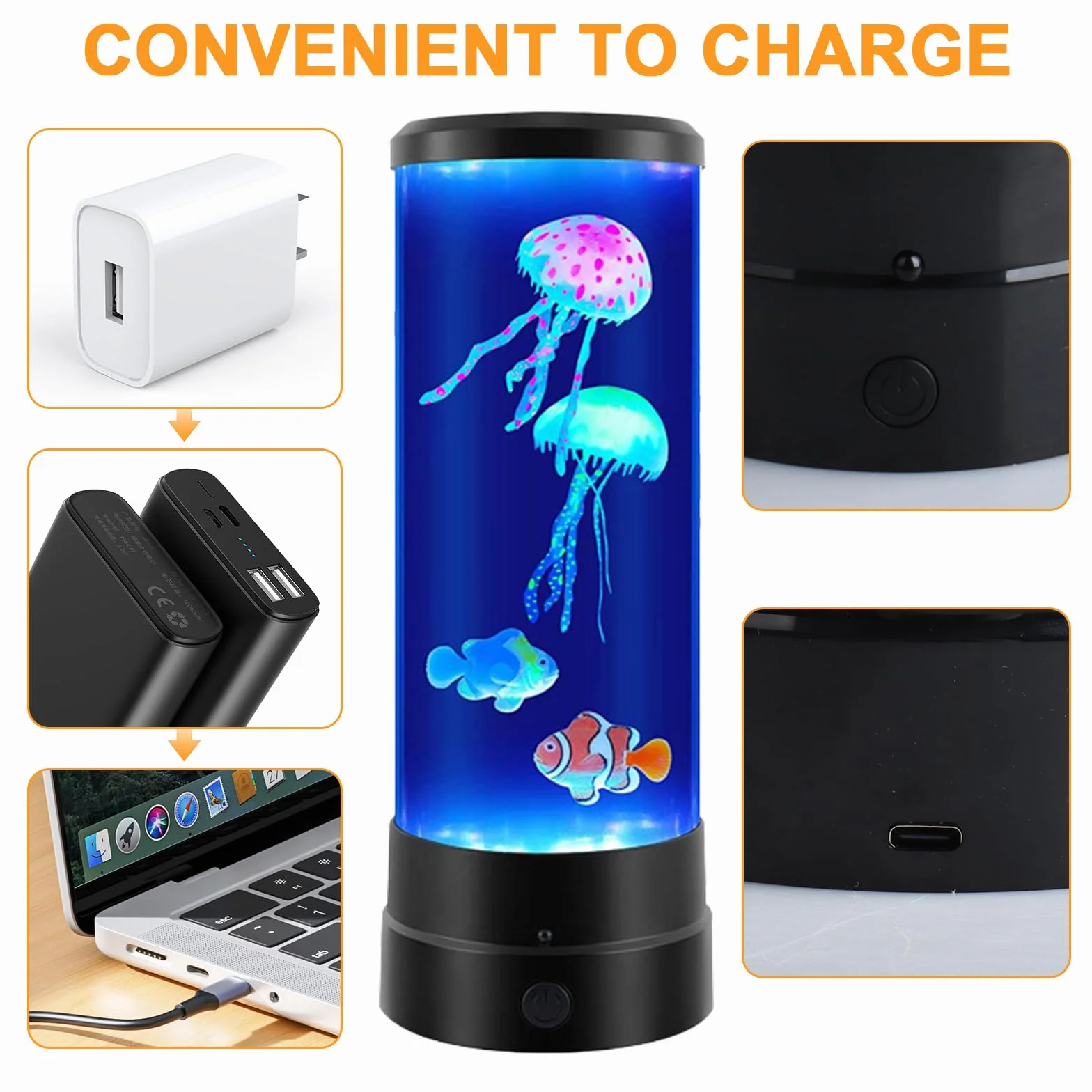 JIMACRO Lampa do akwarium z meduzami LED, 17 kolorów, 4 tryby, 3 jasności, USB, pilot