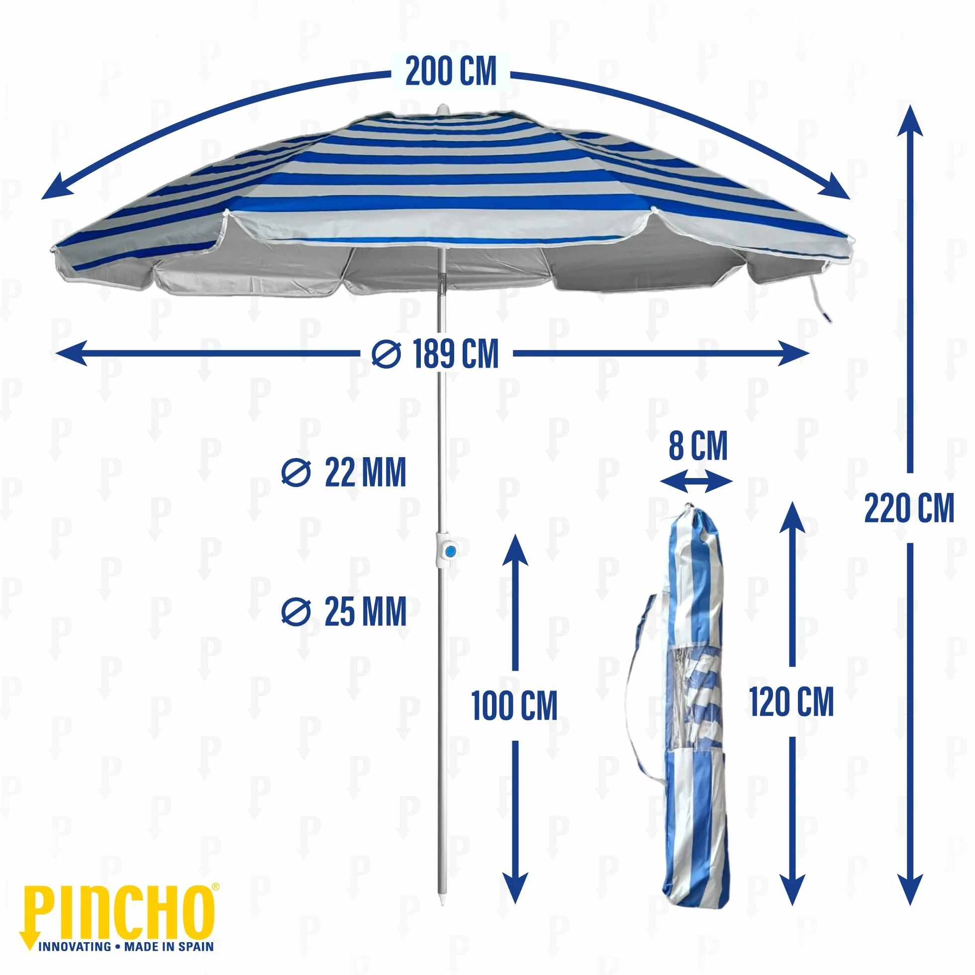Szaszłyk Parasol Plaża 200 cm, Aluminium, UPF+50 blokuje 99% promieni UV, 8 prętów z włókna szklanego, bardzo lekki 1,5 kg, górne okno