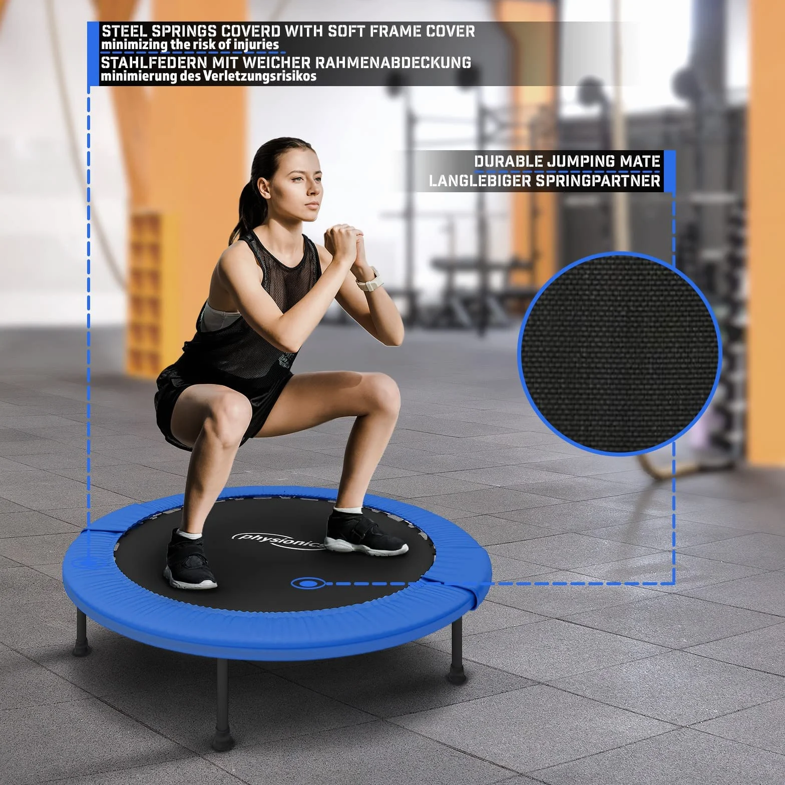 Physionics Elastyczna trampolina - średnica do wyboru (Ø 81, 91, 96, 102, 114, 122 cm), antypoślizgowe nóżki, do wewnątrz i na zewnątrz, mini trampolina, mata fitness, do skakania