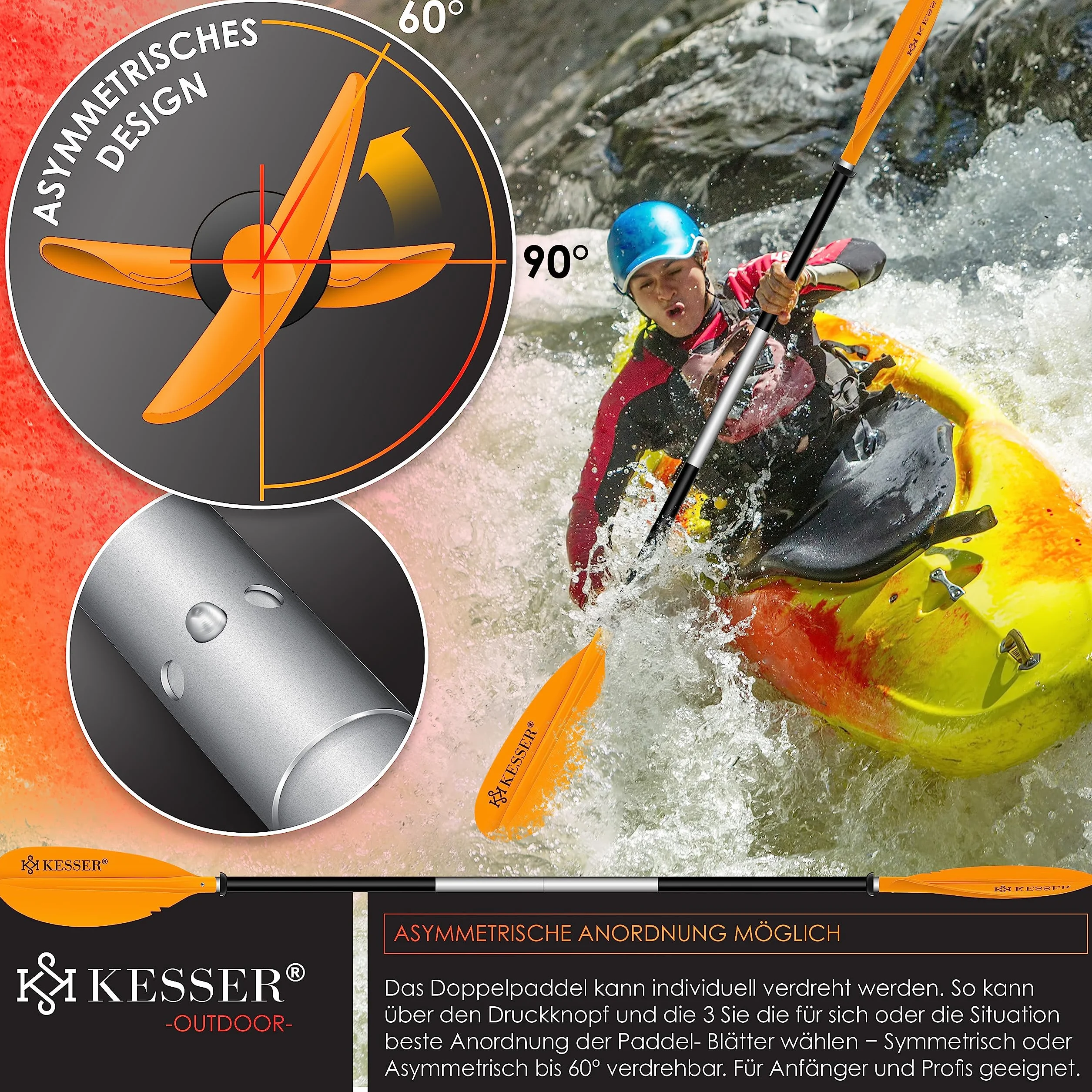 KESSER® Podwójne wiosło – 4-częściowe do kajaka, SUP, SUP, 228 cm, aluminium, super lekkie, do pontonów, kajaków, surfingu, łodzi