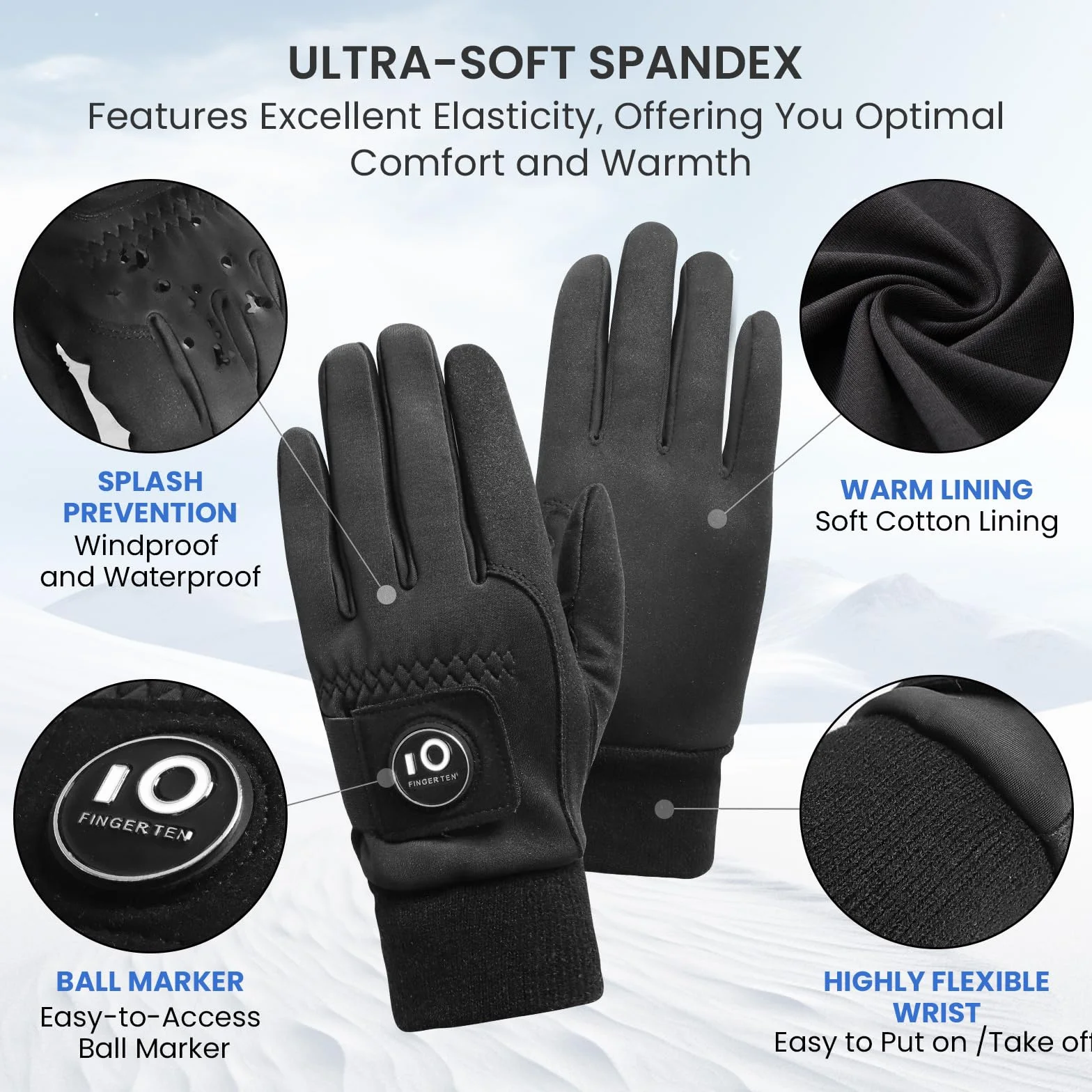 FINGER TEN Rękawice golfowe, męskie, zimowe, z markerem do piłek, 1 para, rękawice golfowe, zimne dni, wiatroszczelne, wodoodporne, rozmiar S, M, L, XL, XL