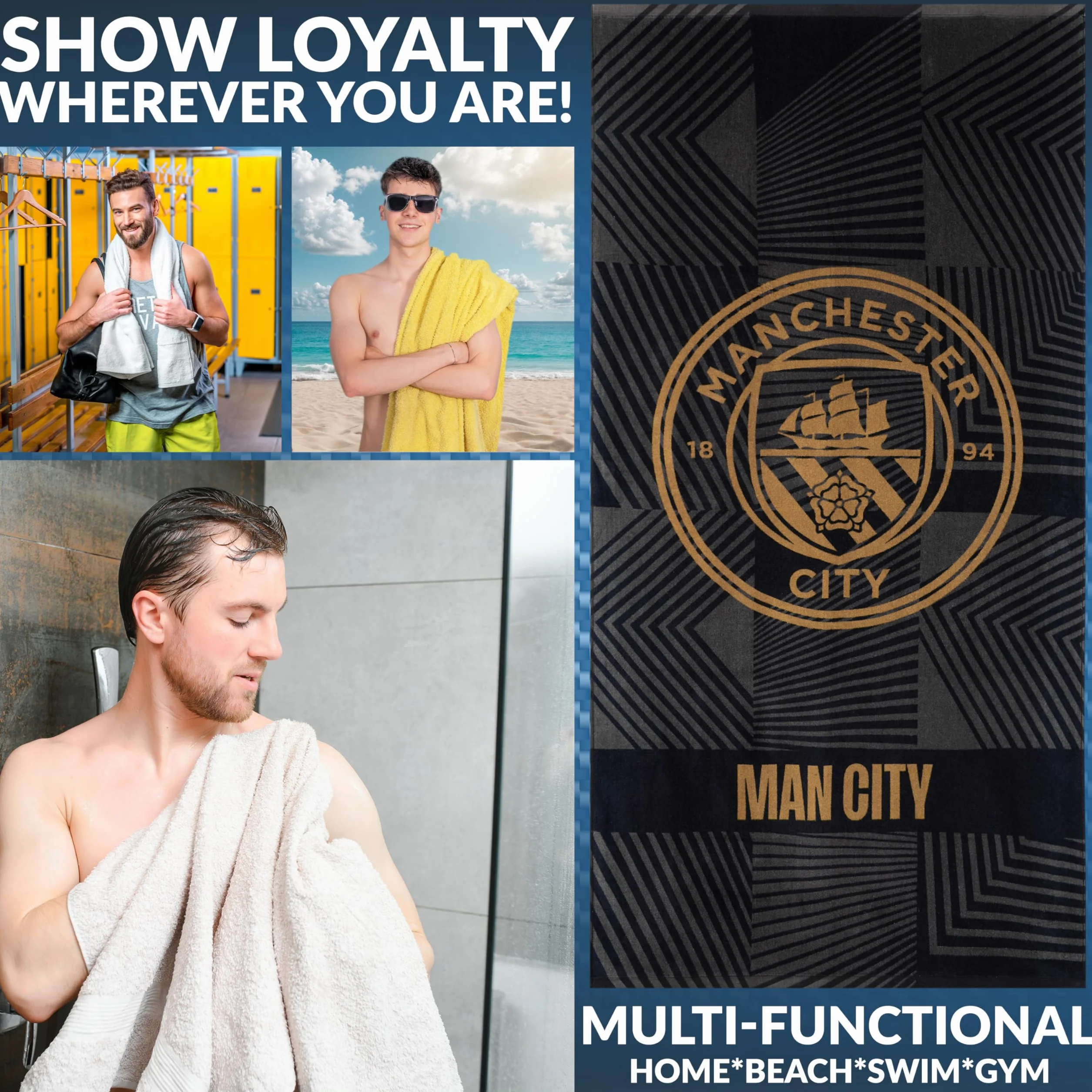 Manchester City FC Ręcznik Łazienkowy Welurowy 140x70 cm 100% Bawełna Czarny