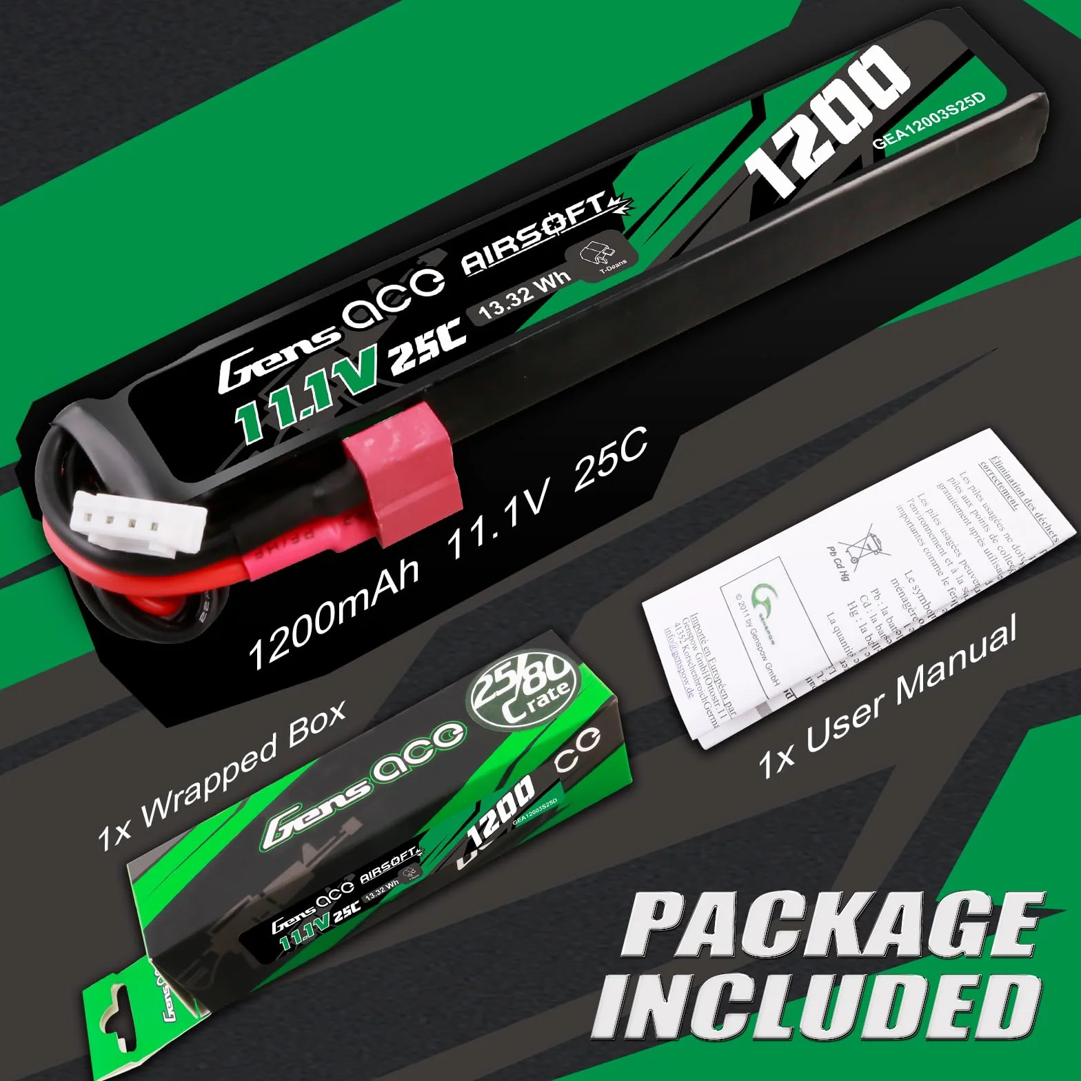 Gens ace 3S 1200 mAh 11,1 V 25C Lipo Airsoft akumulator z Deans T