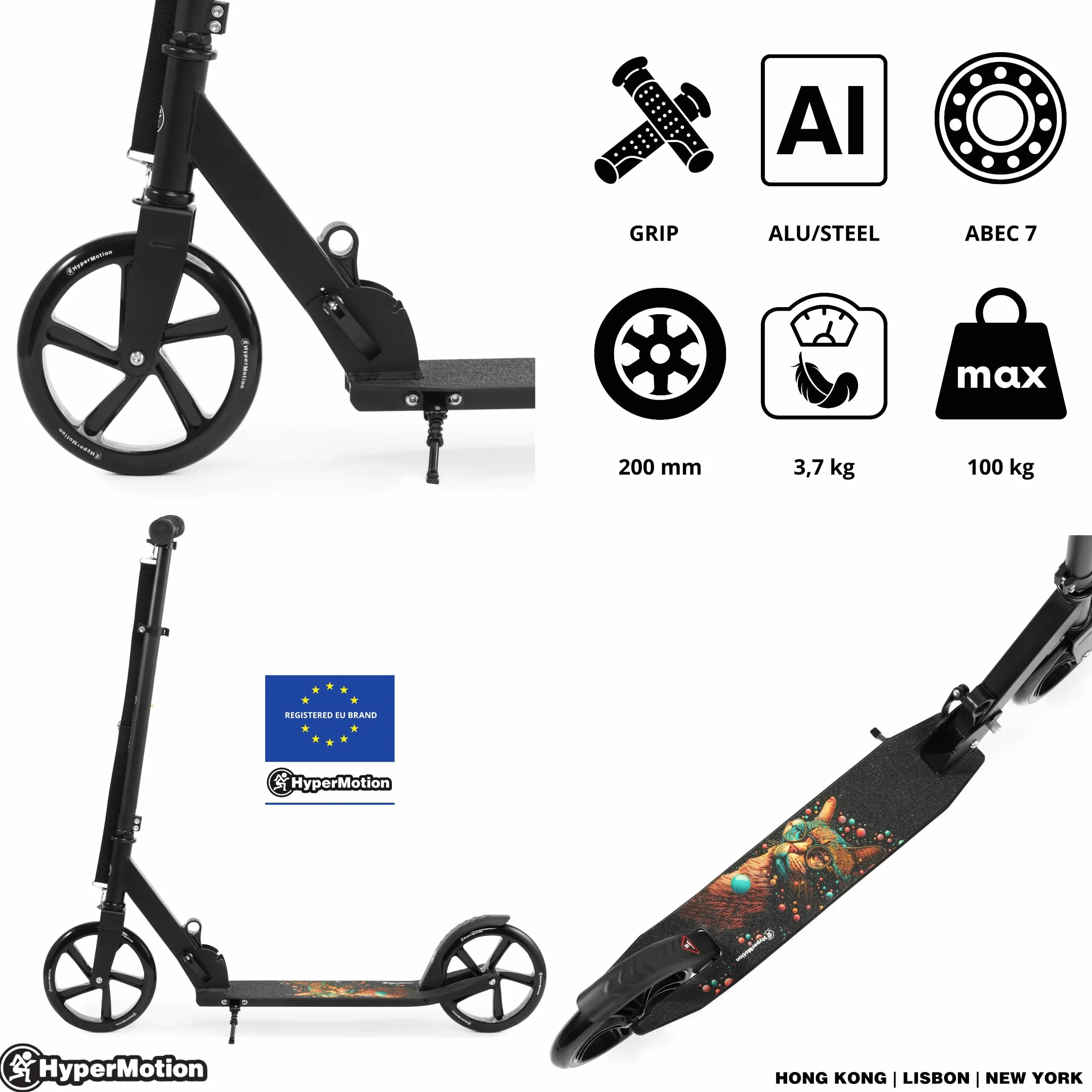 HyperMotion Hulajnoga Dwukołowa VIBE dla Dzieci 7+ i Młodzieży, Aluminium, Składana, Regulowana Wysokość Kierownicy, Łożyska ABEC-7, Koła 200 mm