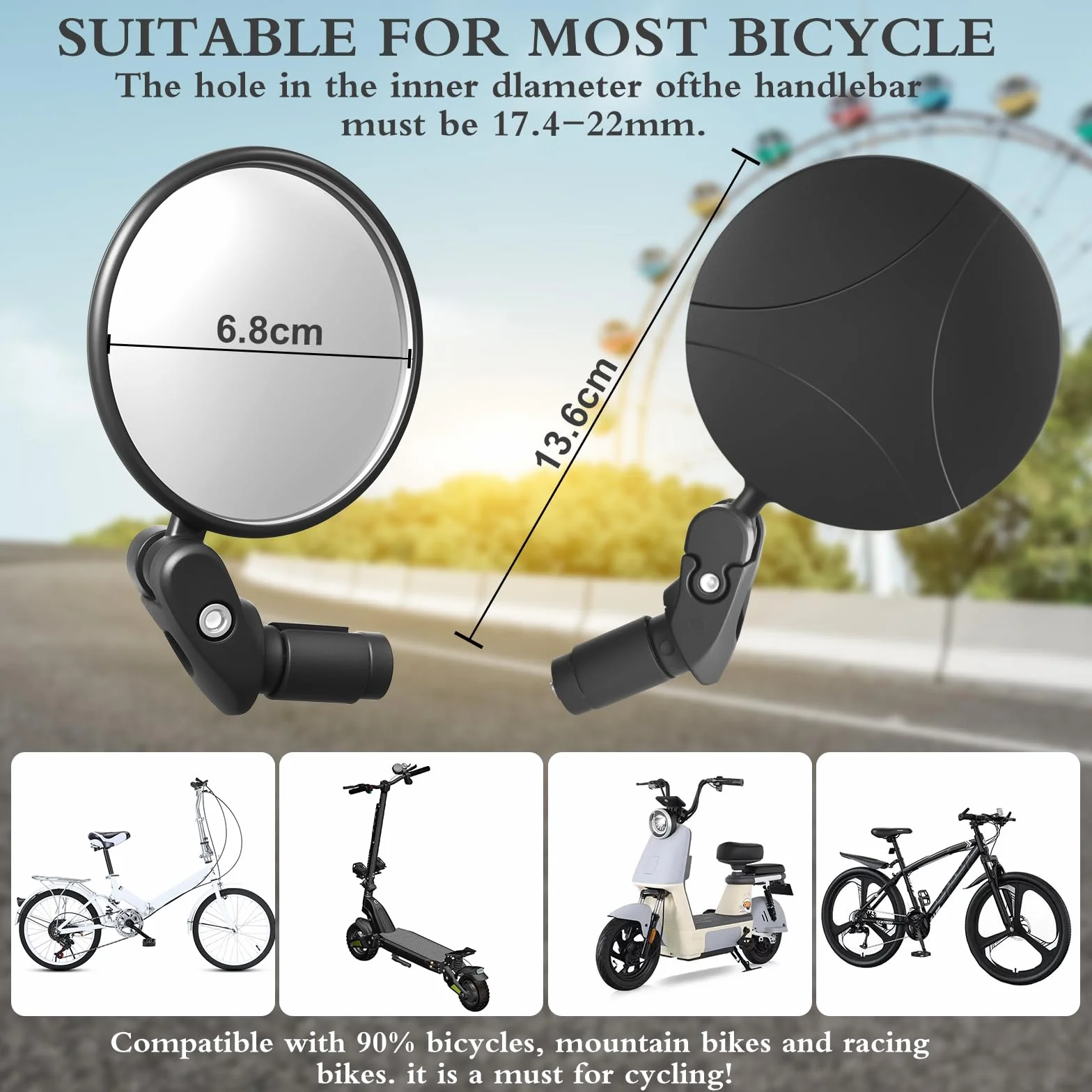 1 szt. Lusterko rowerowe Vintoney do kierownicy, lusterko wsteczne rowerowe obrotowe o 360°, szerokokątne wypukłe lusterko rowerowe, bezpieczne lusterko końcowe do roweru szosowego i codziennej jazdy