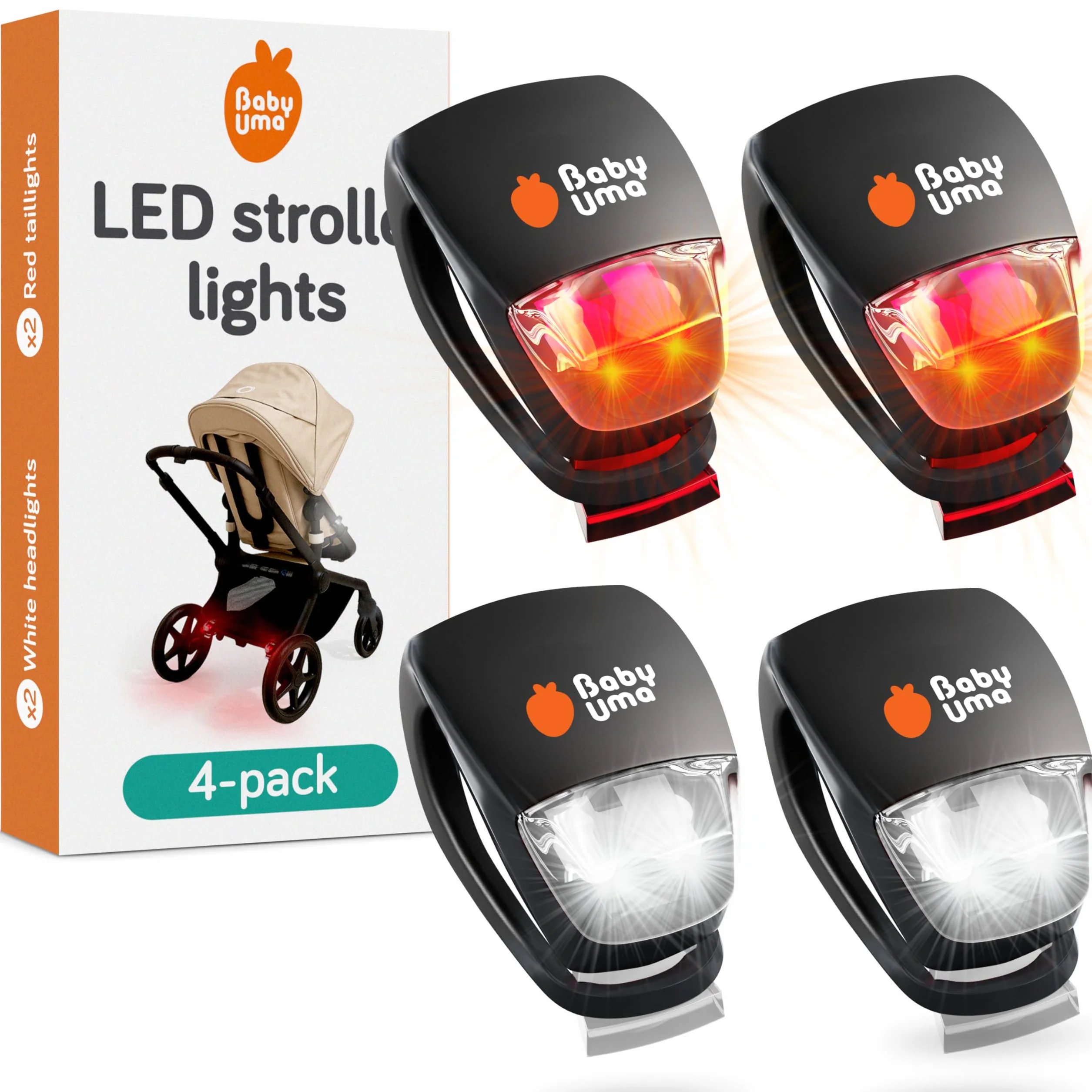 Baby Uma Światła LED do wózka dziecięcego (4 sztuki) – uniwersalne z 3 trybami świecenia (stałe/pulsowe/stroboskopowe), lampki do wózka dziecięcego i rowerowego z przodu i z tyłu (2 białe reflektory i