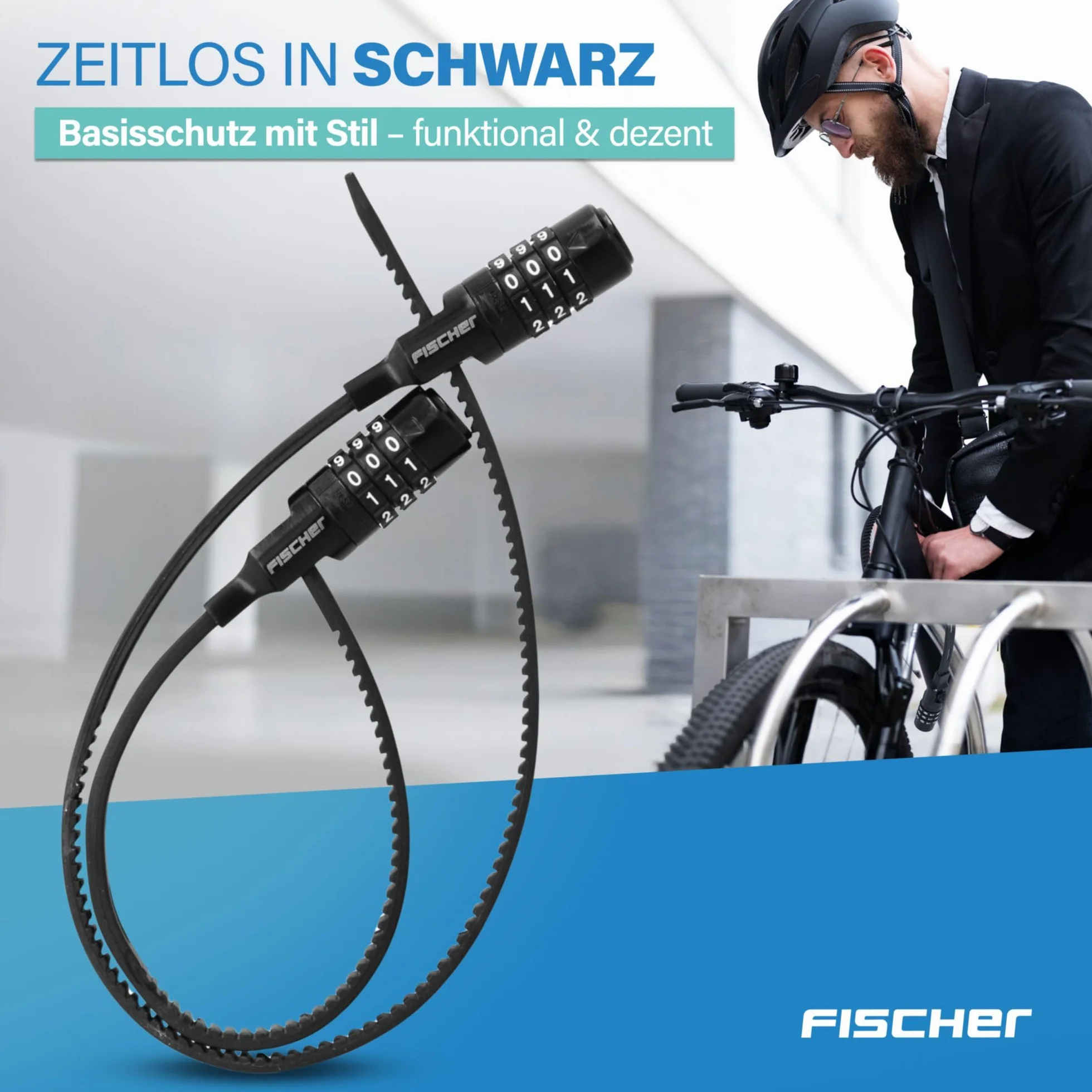 FISCHER Zapięcie rowerowe, zestaw specjalnych zamków z zamkiem szyfrowym, do roweru, kasku lub jazdy na nartach, czarne, dwa zamki o długości 35 i 53 cm