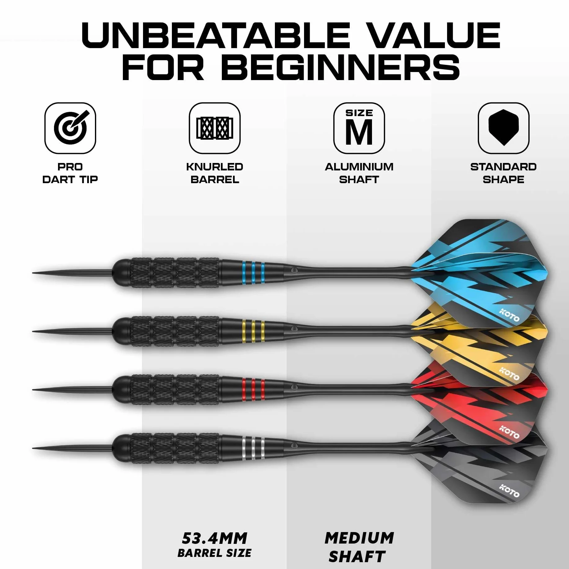 KOTO darts KOTO - Mosiężny zestaw multi wraz z 4 zestawami rzutek z mosiądzu powlekanego na czarno (23 g), 4 zestawy lotek (100 mikronów) + czarne aluminiowe trzonki walizka