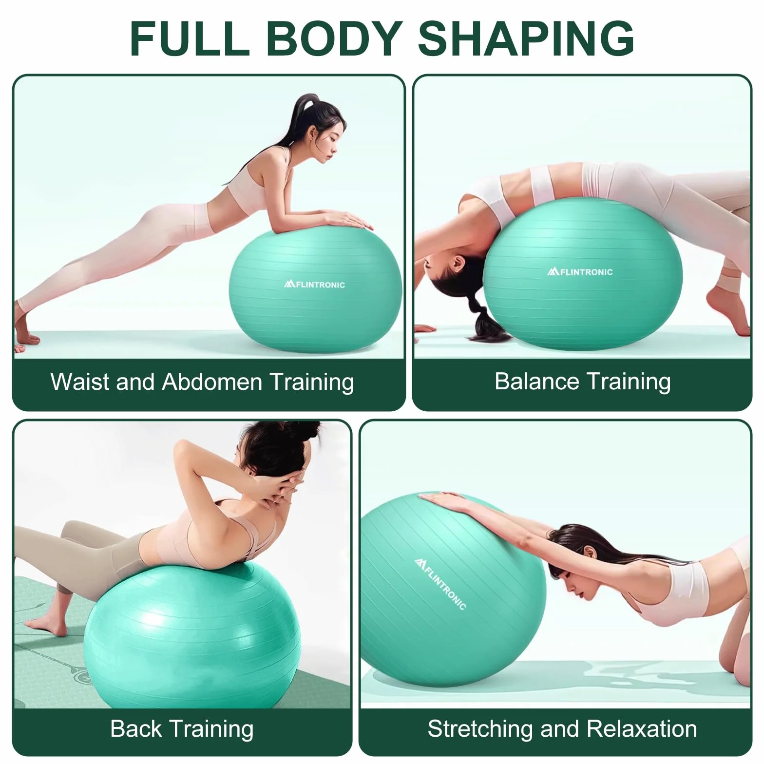 flintronic 55 cm piłka fitness, odporna na pękanie i stabilność, z pompką, narzędziem do zakręcania pomp, i instrukcją do gimnastyki, jogi, ćwiczeń równowagi, treningu, fitnessu