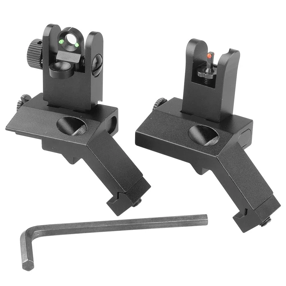 Aluminum Alloy 45 Degree Angled BUIS Front and Rear Flip Up Rapid Transition Backup Iron Sight For Rifle Scope(Black with fiber optic)