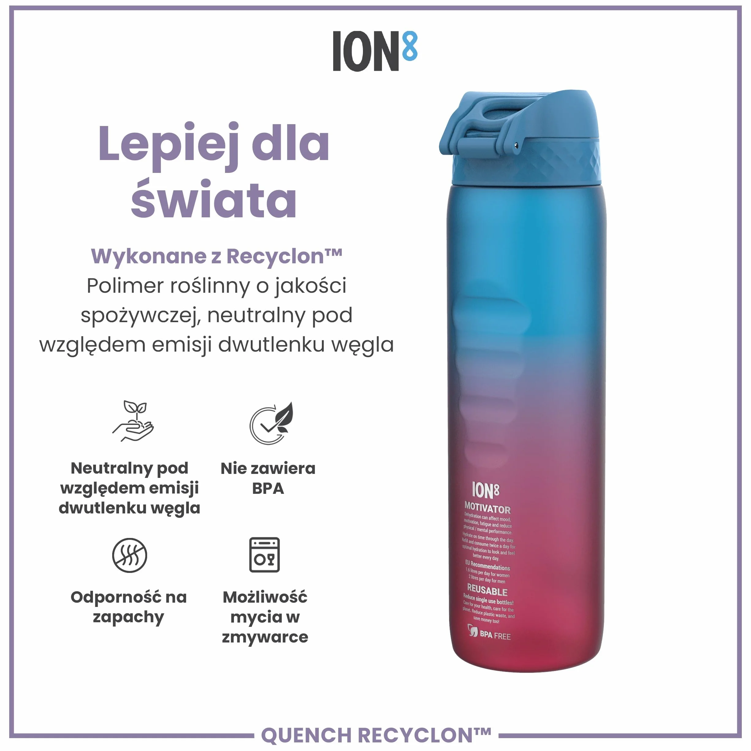 ION8 Butelka na Wodę 1 L z Oznaczeniami Czasu Picia, Łatwe Otwieranie, Uchwyt, Można Myć w Zmywarce, Niebieski Różowy