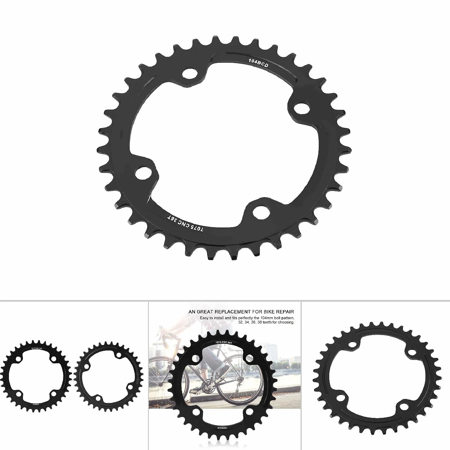 Alomejor Pojedynczy łańcuch rowerowy Pierścień 32T 34T 36T 38T 104 mm BCD pojedynczy pierścień łańcuchowy do większości rowerów szosowych BMX