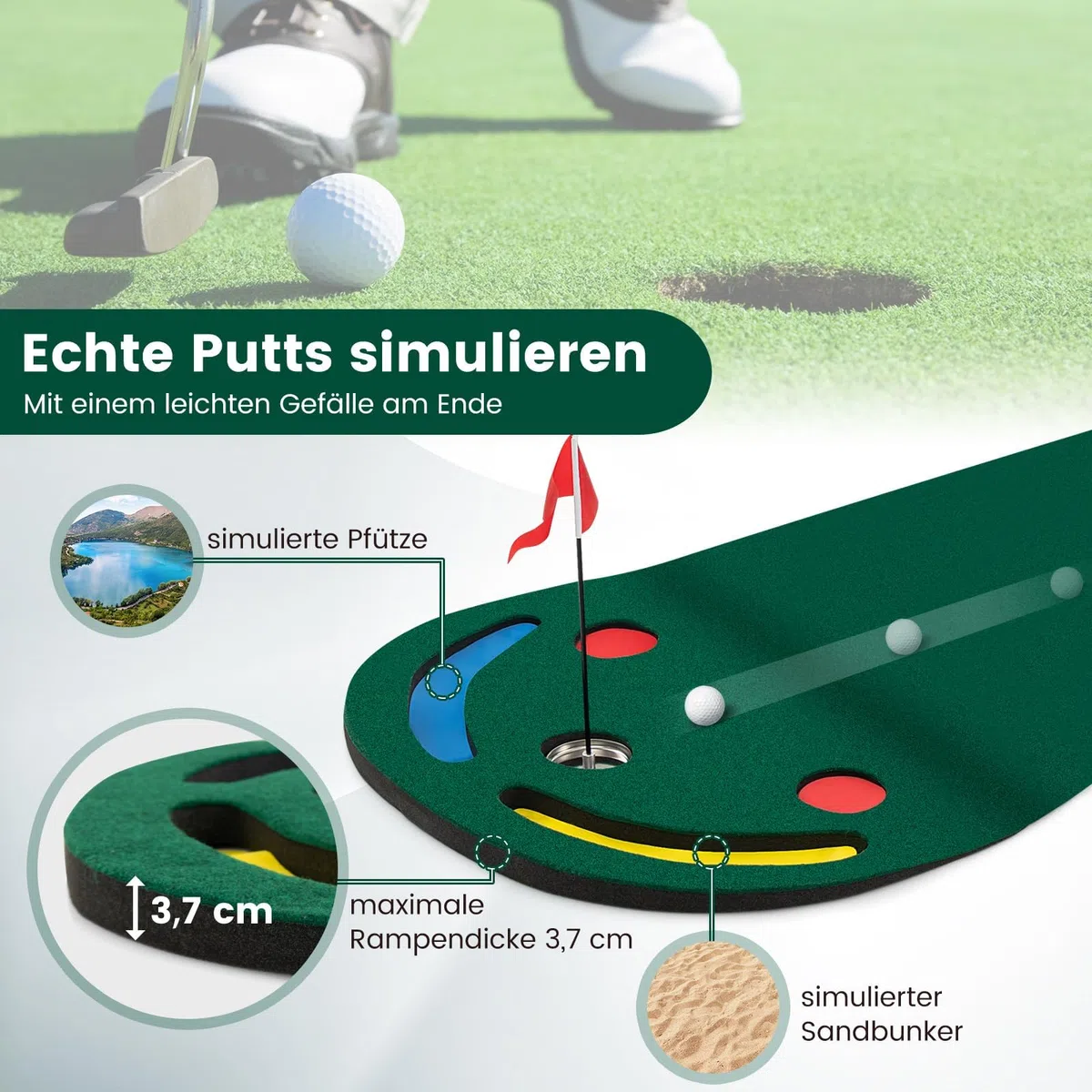 COSTWAY Mata do gry w golfa 300 x 96 cm, do użytku wewnątrz i na zewnątrz, składana mata golfowa z 3 miseczkami i 1 flagą, mata do ćwiczeń golfowych, mata treningowa do domu, biura