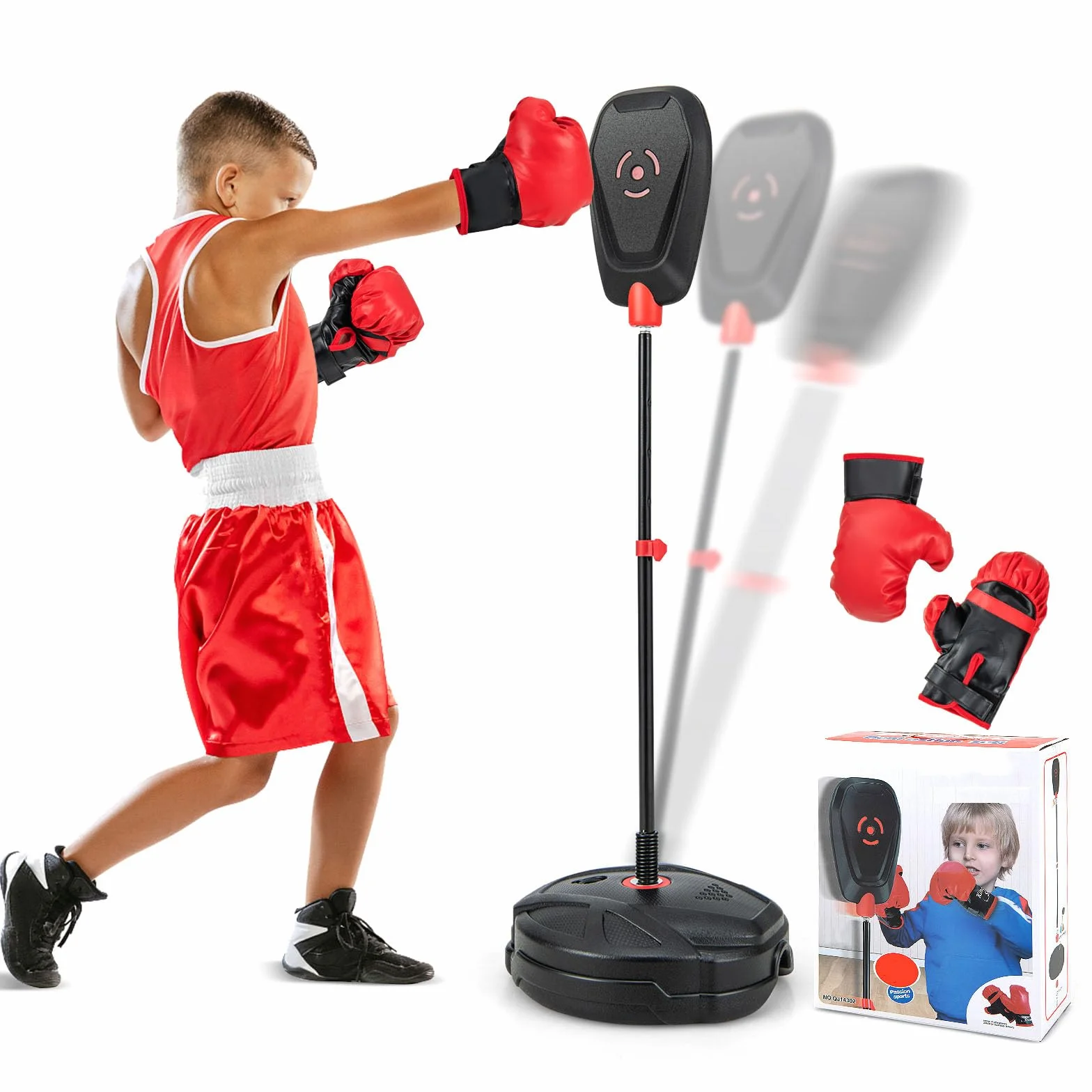 COSTWAY Stojący worek bokserski dla dzieci, trening bokserski 95-126 cm, z regulacją wysokości, zestaw zawiera rękawice bokserskie, boks Speedball dla chłopców i dziewczynek od 5 lat