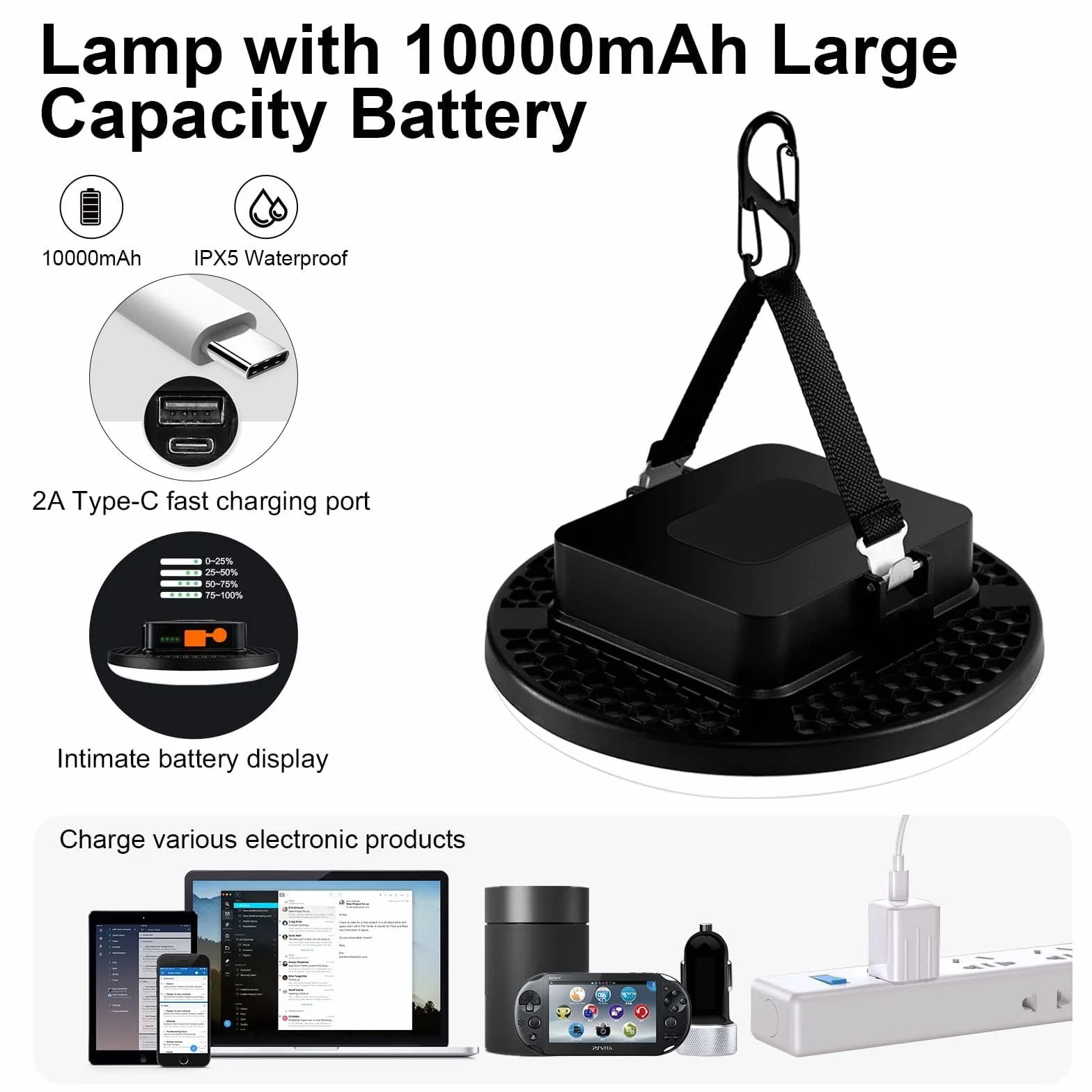 Lampa LED 12000 mAh Power Bank USB 2500 lm kempingowa z magnesem i portem nakrętki 1/4