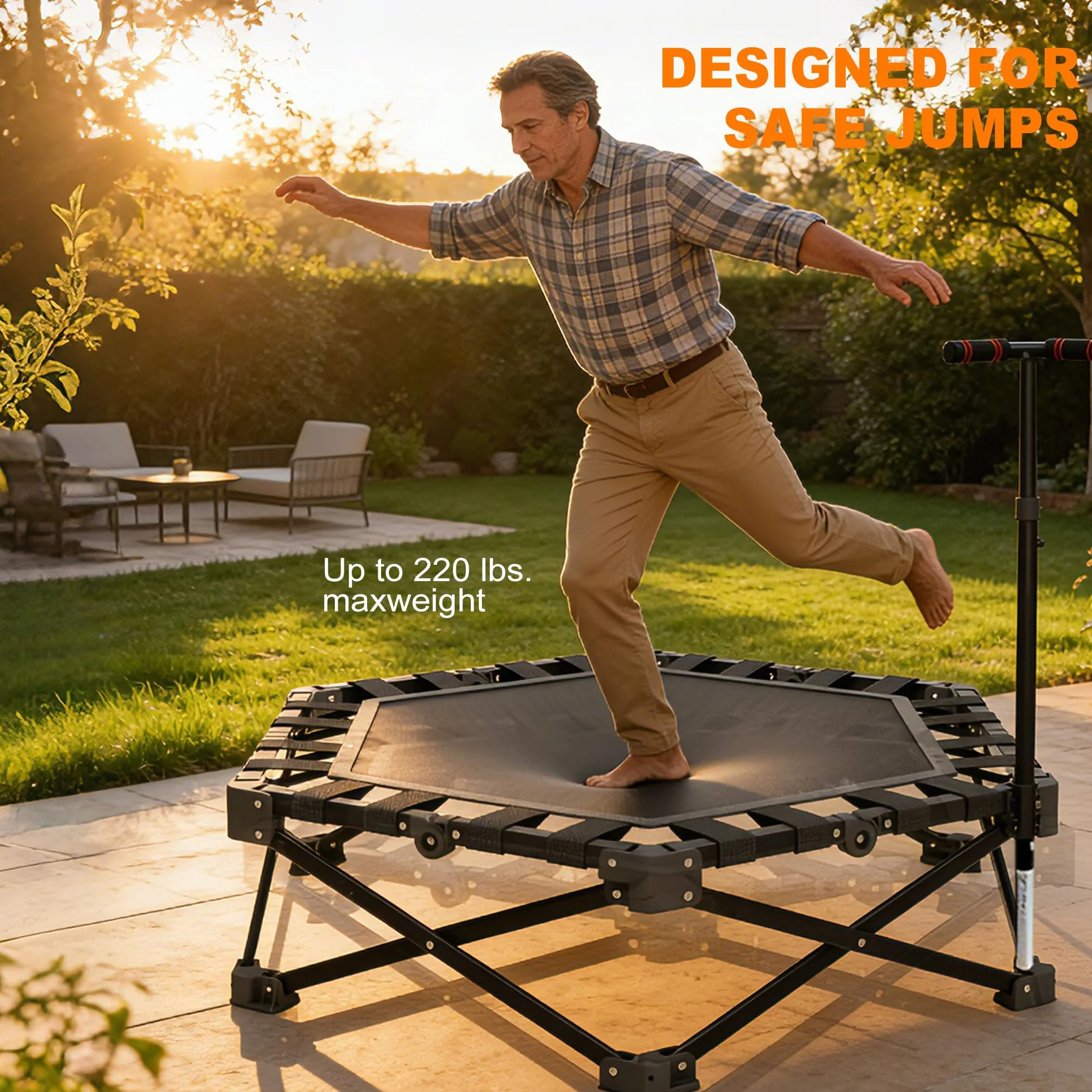 Składana mini trampolina 106 cm, 3-stopniowa regulacja wysokości, bez montażu, do użytku wewnątrz i na zewnątrz, z wytrzymałą ramą X, cicha, antypoślizgowa, do treningu domowego i zabawy