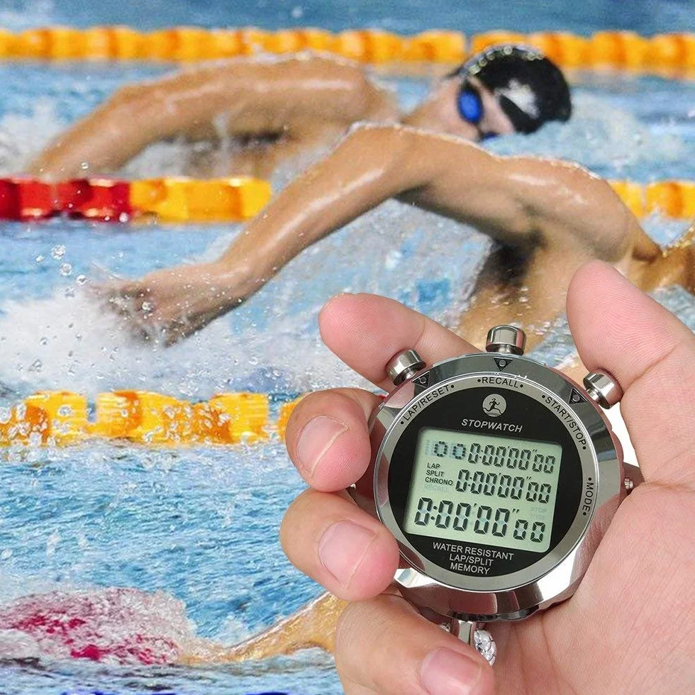 LAOPAO Metalowy stoper, 1/100 sekundy, 100 pamięci, wodoodporny elektroniczny chronograf na co dzień, do piłki nożnej, baseballu, sportów na świeżym powietrzu