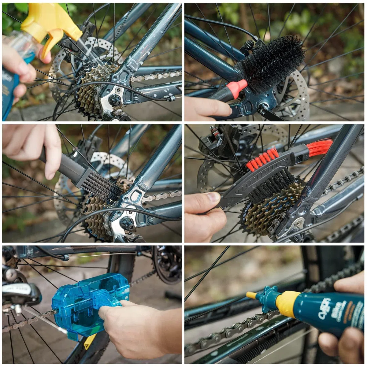 Zestaw do czyszczenia łańcucha rowerowego, w zestawie szczotka do czyszczenia łańcuchów rowerowych, narzędzie do czyszczenia łańcuchów rowerowych i środek smarujący do łańcucha rowerowego