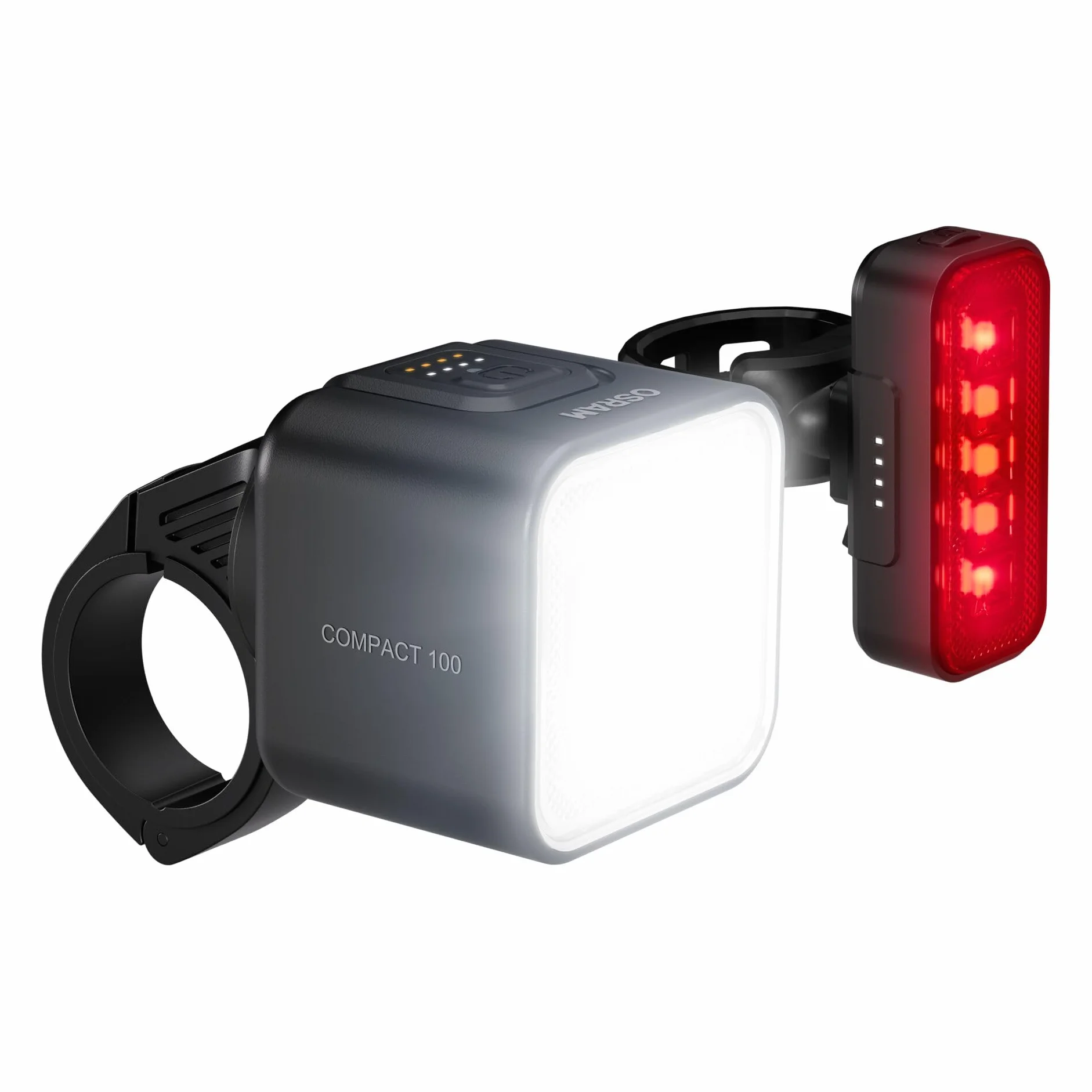 OSRAM LEDsBIKE COMPACT 100 SET, zestaw akumulatorowych lampek rowerowych - przód i tył, ze światłem stop, homologacja StVZO, kompatybilność z uchwytem Garmin, trzy poziomy jasności, 100 luksów