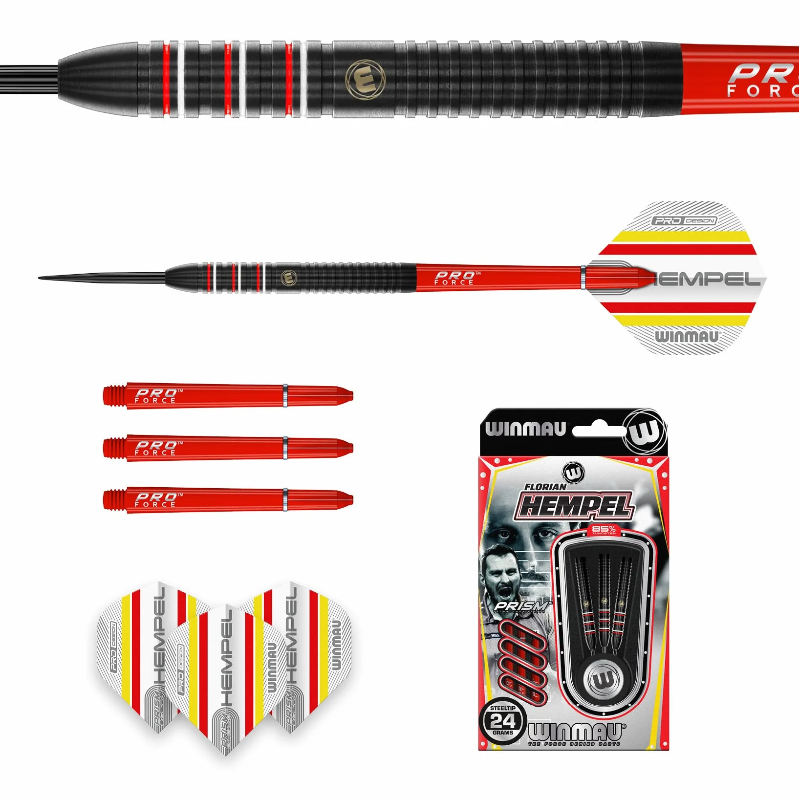 WINMAU Florian Hempel 85% Pro-Series 24 g - 85% wolframu - profesjonalny zestaw rzutek z lotkami do rzutek i trzonkami do rzutek (łodygi)