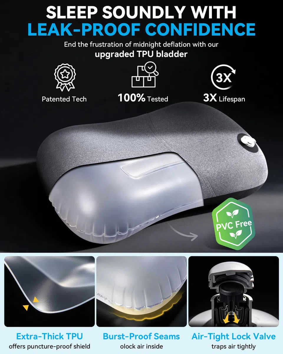 HIKENTURE nadmuchiwana poduszka kempingowa/podróżna ze zdejmowaną poszewką na poduszkę, ergonomiczna poduszka pod głowę, wygodna poduszka na kark do podróży / na zewnątrz (czarna)