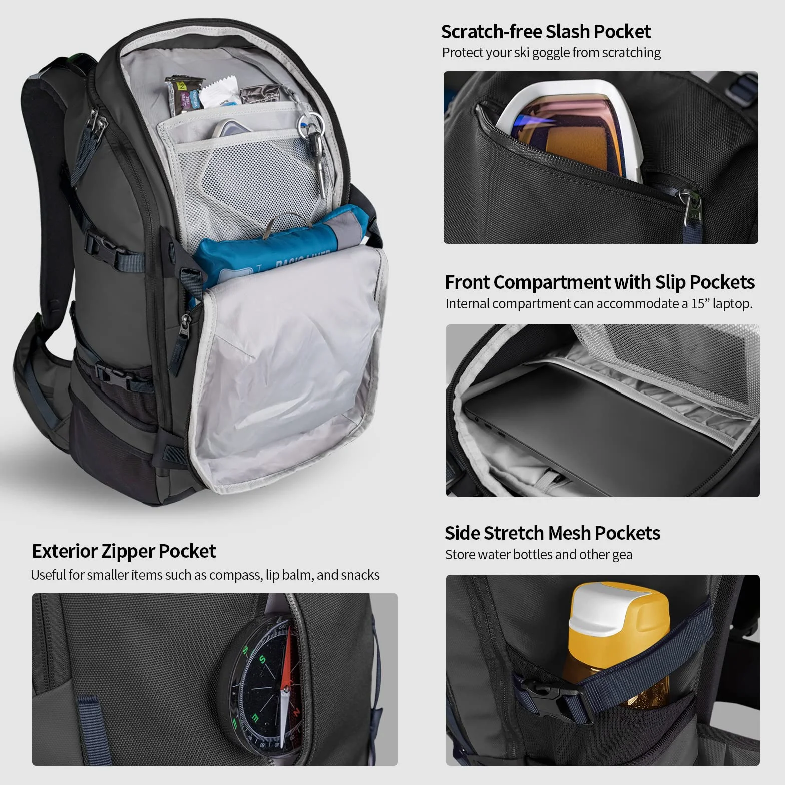 Unigear Plecak narciarski, 30 l, snowboardowy plecak podróżny 900D, wodoodporny plecak na snowboard, gogle, rękawiczki, narty, kemping i akcesoria turystyczne