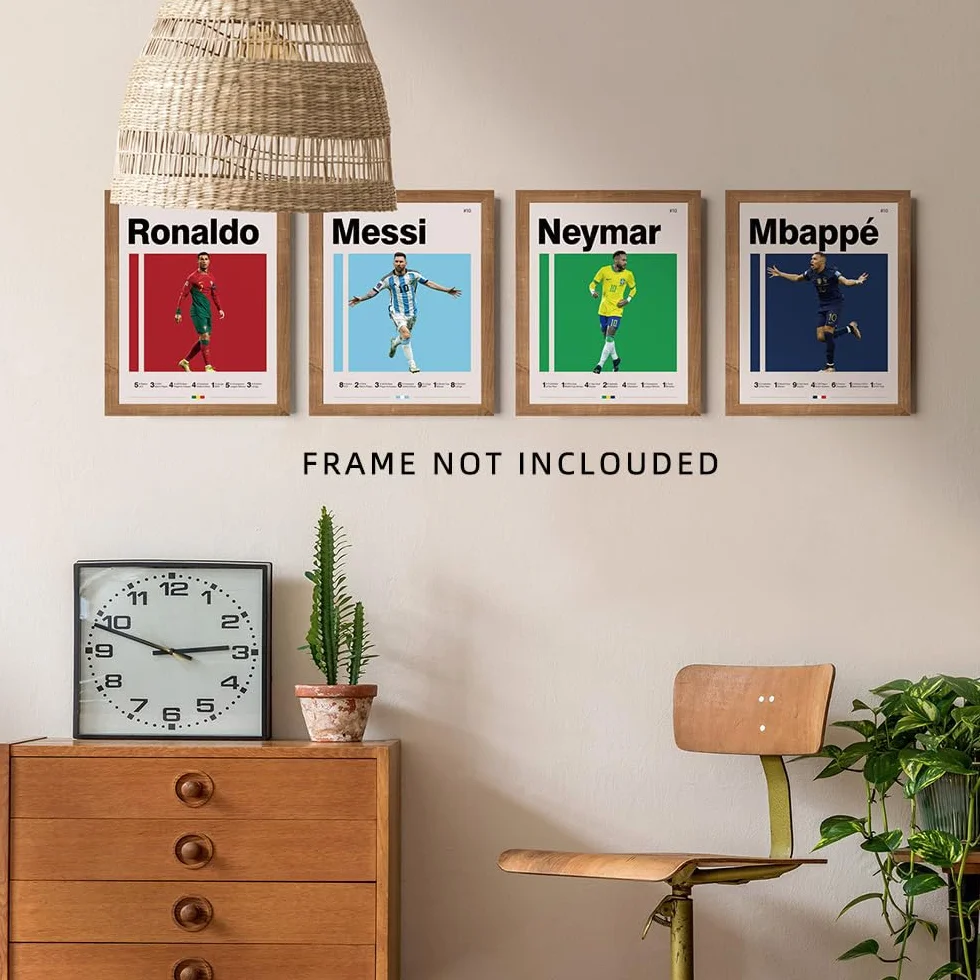 Plakaty piłkarskie 8x10 calowa Druki płótna Nieoprawiony zestaw 4 - Messi, Ronaldo, Mbape i Neymar Słynna piłka nożna Plakat supergwiazdy Dekoracja sportowa Sztuka ścienna dla chłopców w sypialni
