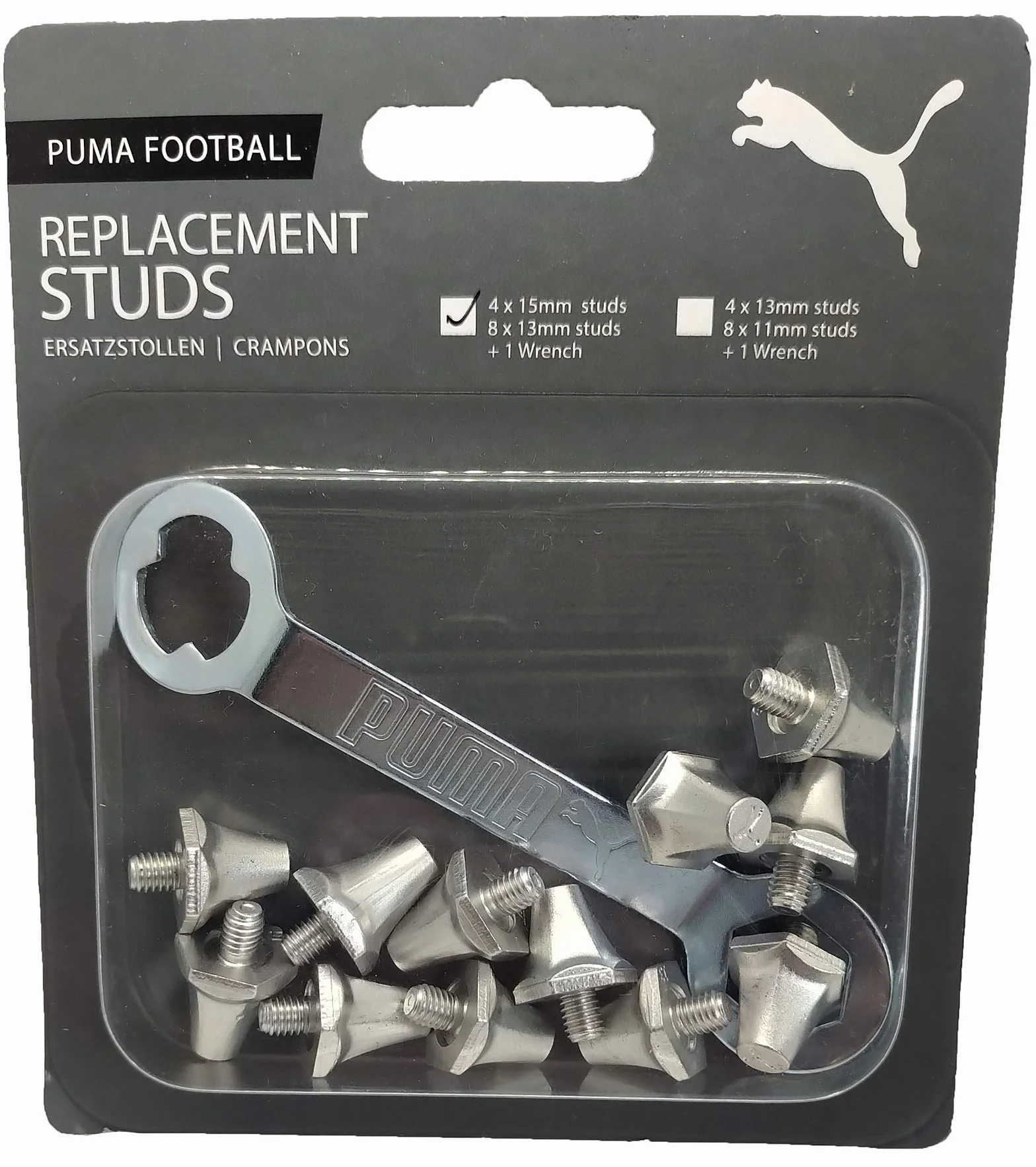 Puma - Zapasowe korki do butów piłkarskich, 8 x 13 mm / 4 x 15 mm, z kluczem, męskie, metaliczne srebro., Jeden rozmiar