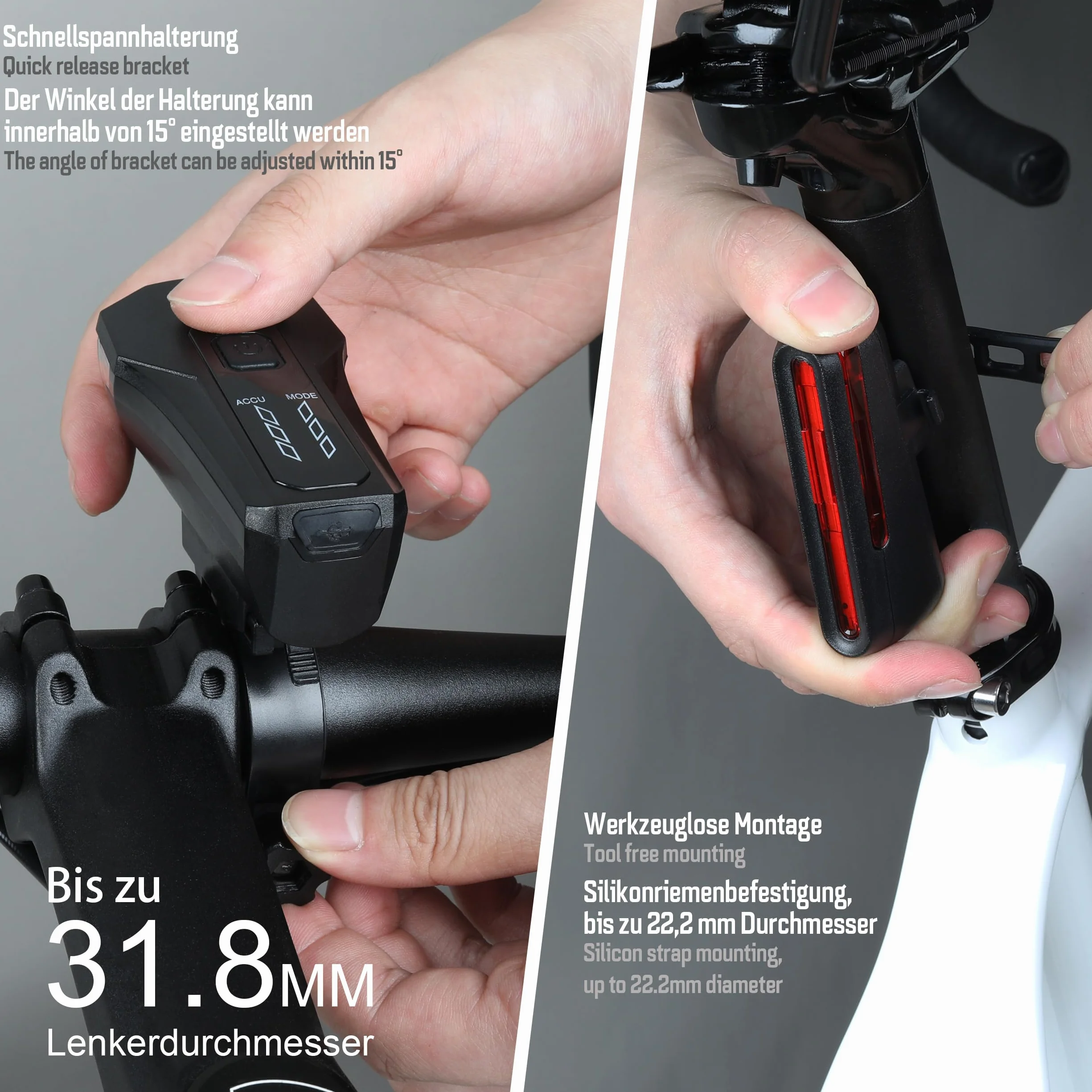 ADDVIEW Zestaw świateł rowerowych Starlight – dopuszczone do ruchu drogowego (obowiązują przepisy lokalne), 70 lx światło przednie i tylne LED z USB C, zasilanie bateryjne, wodoszczelność IP65, zasięg