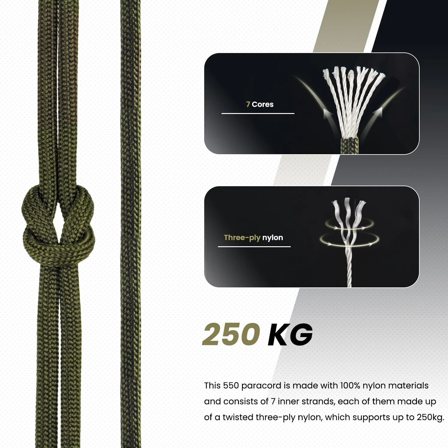 Abma Cord Paracord 550 4mm 100m 100% Nylonowa Sznurek Linka Typ III 7-żyłowa do Biwakowania, Majsterkowania, Zewnątrz, Survivalowy - Max. 250kg (550lb) - Czarny