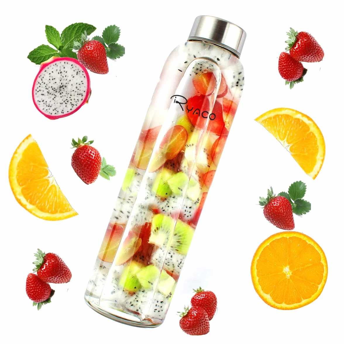 RYACO Butelka na wodę ze szkła borokrzemowego, 1000 ml, bez BPA, szczelna, do szkoły, domu, biura, podróży, sportu, jogi, siłowni, gorących/zimnych napojów, z neoprenowym rękawem i szczotką z gąbki
