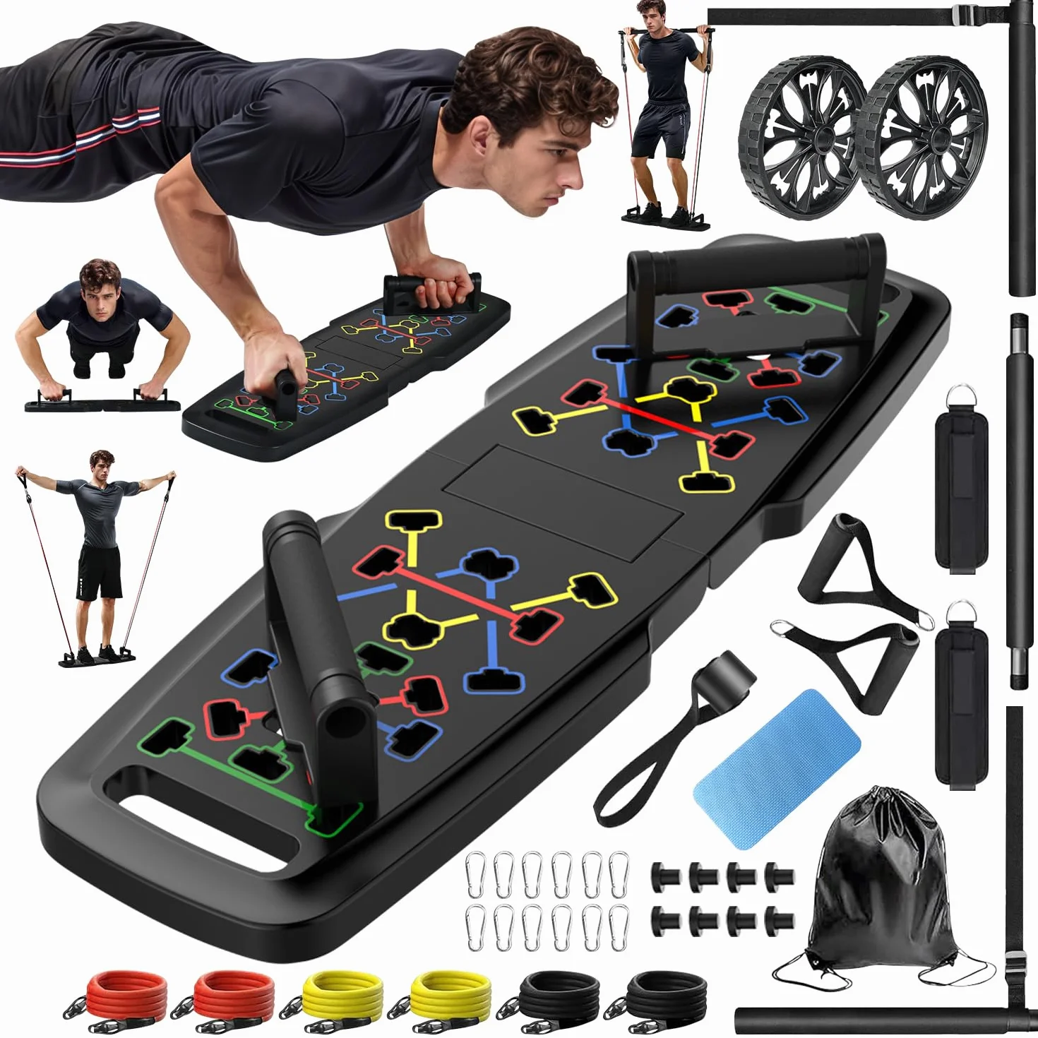 Deska push-up, domowa siłownia, przenośny sprzęt do ćwiczeń, drążek do pilatesu i 20 akcesoriów fitness z taśmami oporowymi i rolką Ab, trening całego ciała w domu