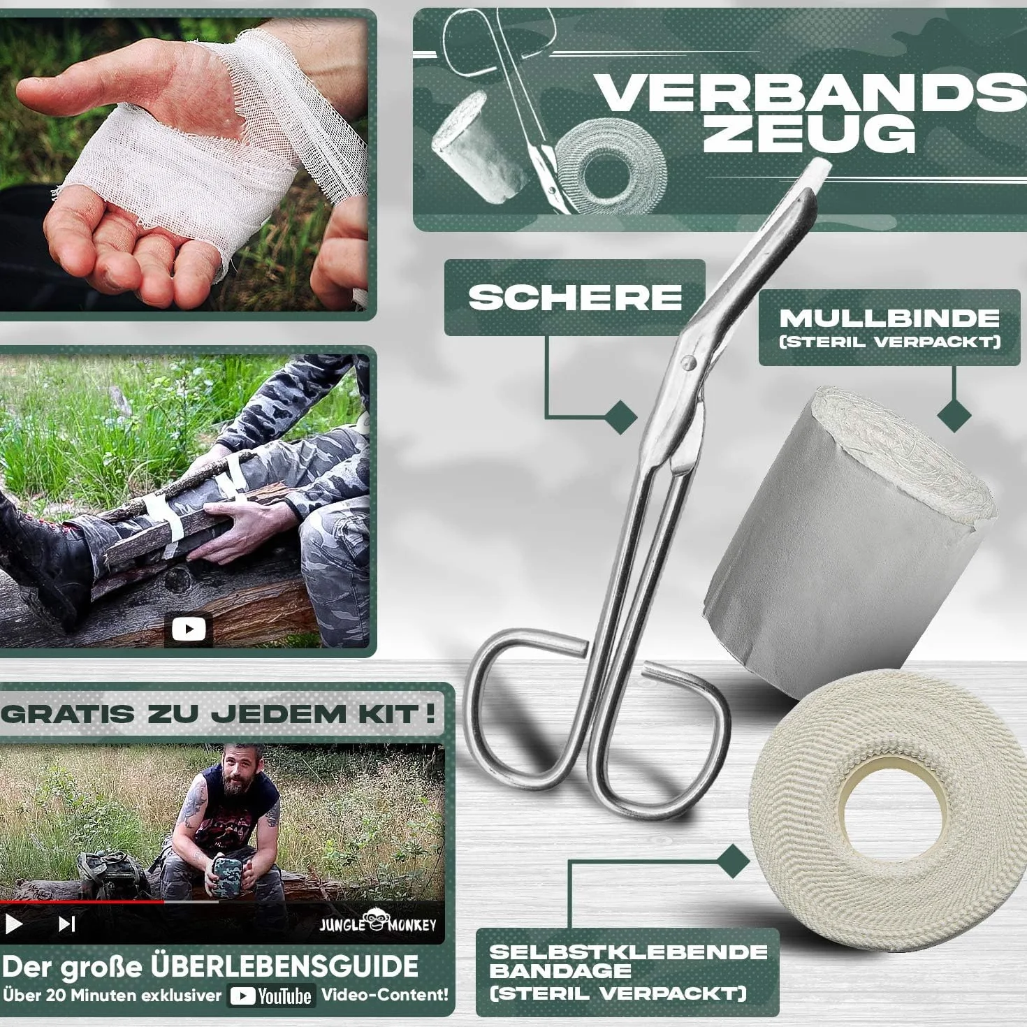 Jungle Monkey® Zestaw survivalowy – zestaw premium 17 w 1 z nożem i latarką – wyposażenie outdoorowe na wędrówki i kemping – zestaw survivalowy – wyposażenie ratunkowe w sytuacjach awaryjnych