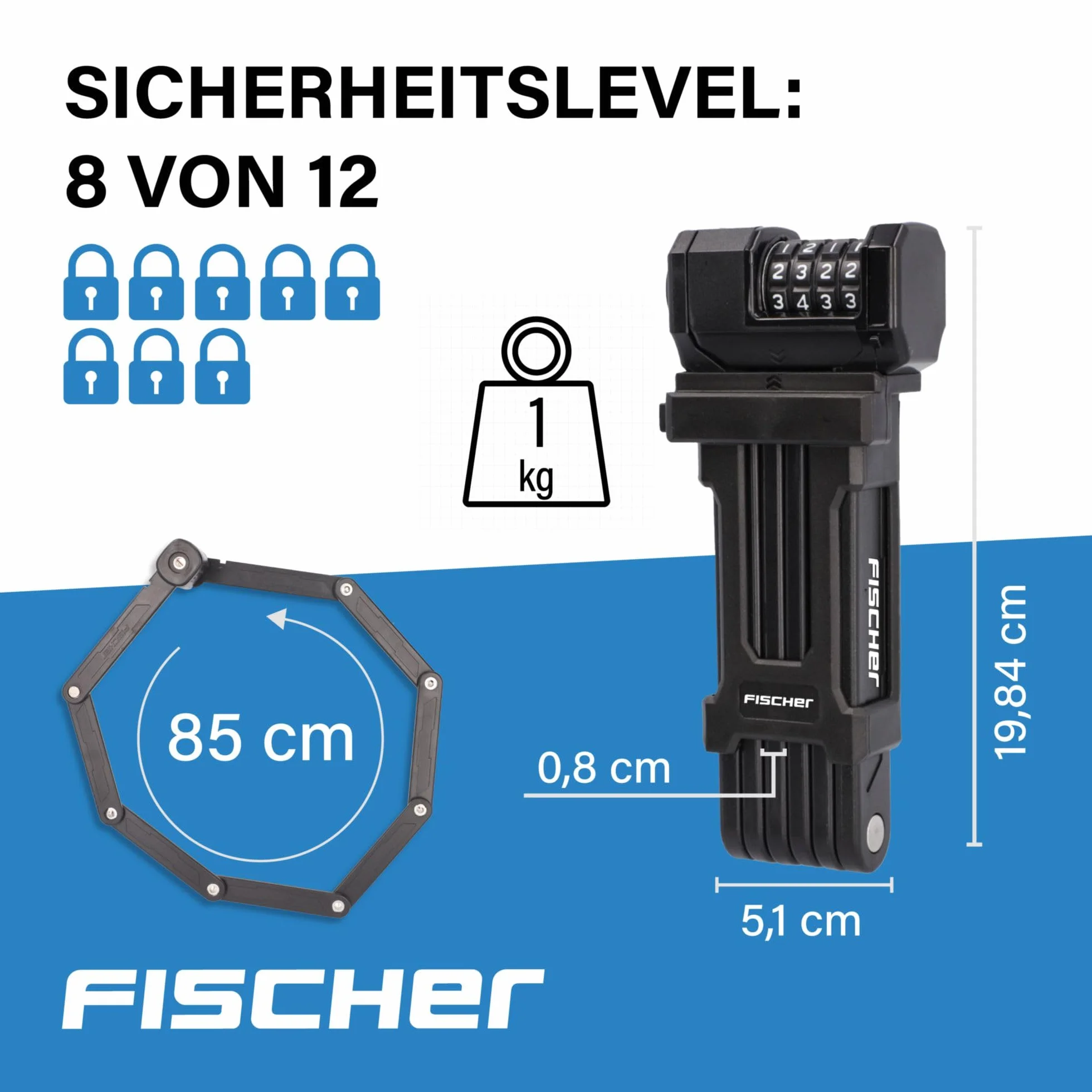 FISCHER Składane zapięcie rowerowe Protec FN85, 4-krotny wałek z liczbami z 10 000 kombinacjami liczb, pręty pokryte tworzywem sztucznym, wraz z uchwytem i antypoślizgowymi taśmami na rzep, długość 85