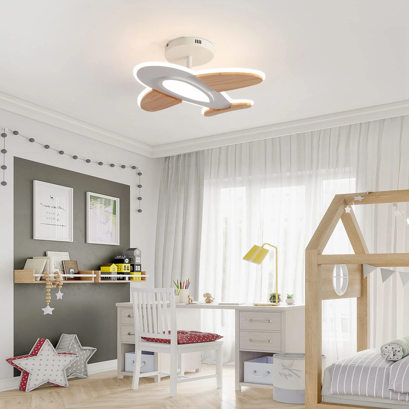 Lampa Sufitowa LED Schindora 35 W Kształt Samolotu Ściemnialna z Pilotem 50x45 cm 2700-6500 K Biała i Drewniana