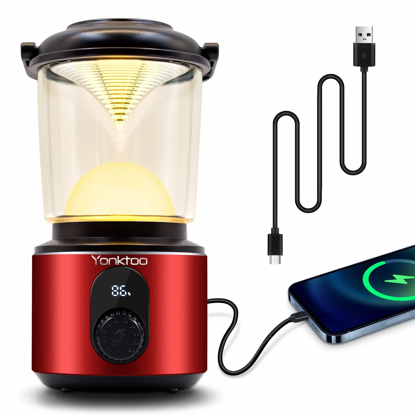 Yonktoo Oświetlenie kempingowe, 10400 mAh, latarnia kempingowa, USB-C z ekranem LED, lampa kempingowa działa 350 godzin, 5 trybów świecenia, wodoodporne światła namiotowe do wędkowania, wędrówek