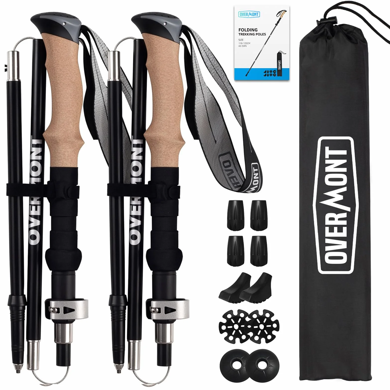 Overmont Kijki trekkingowe składane z włókna węglowego regulowane 105-125 cm do Nordic Walking 1 para