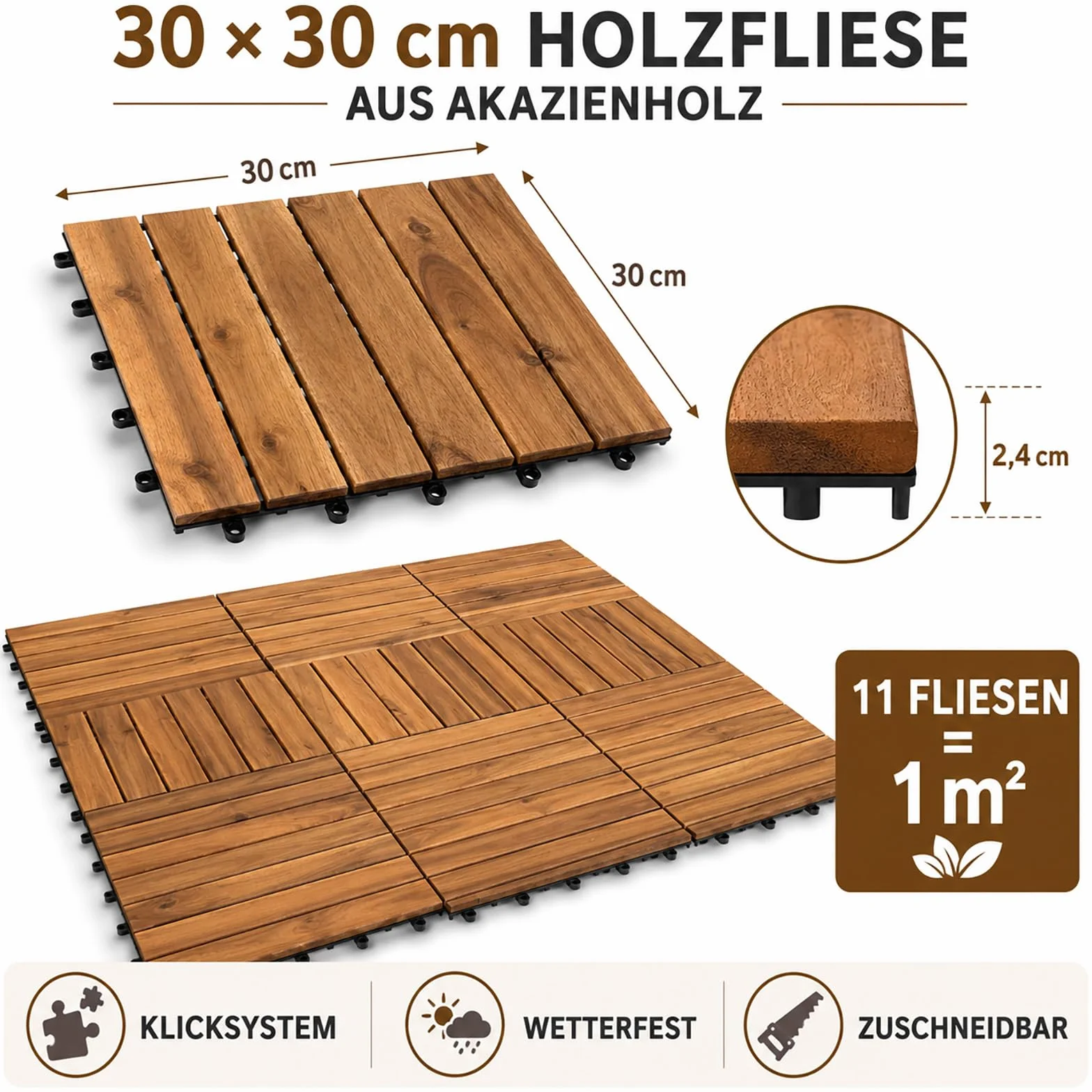Balkon Bodenbelag 30×30cm Akazien goldenes Teakholz Holzfliesen Terassenboden außen 10 Fliesen 0,9m²