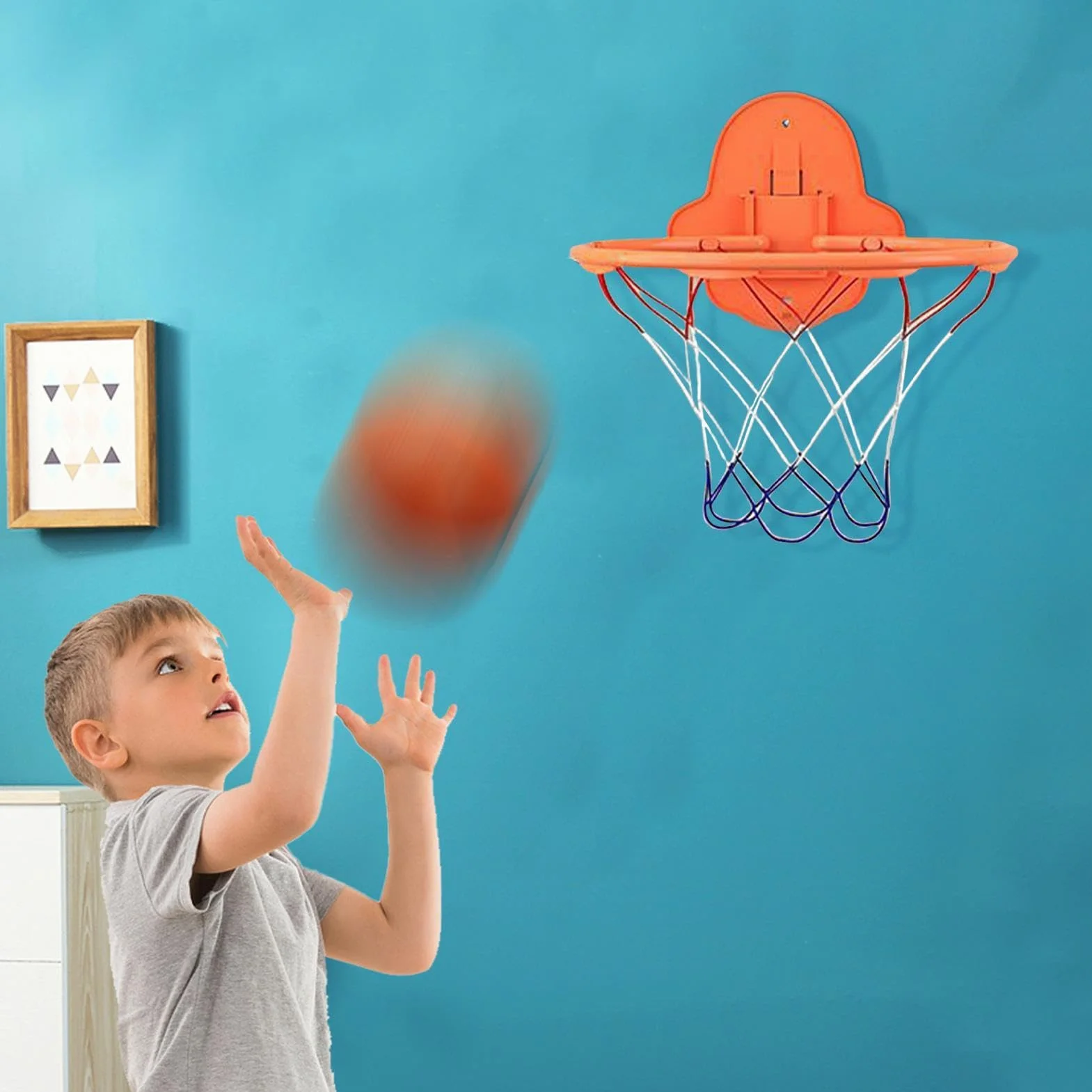 Silent Basketball Hoop, Foldable Wall-Mounted Hoop with Sticky Backing, 32cm/12.6 Inches Dribbling Training Toy for Indoor Outdoor Use, Adults, Kids 3/5/7 Balls Abs + Metal