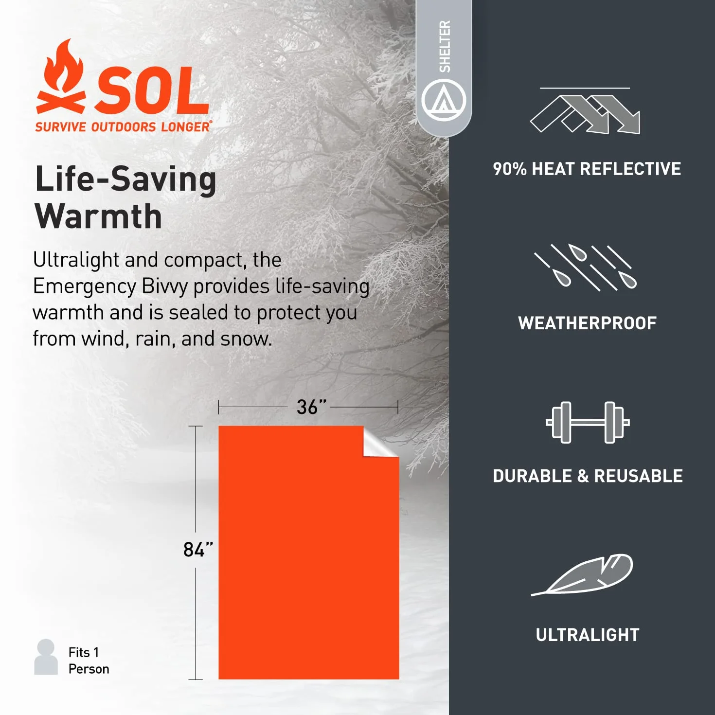 S.O.L. Survive Outdoors Longer berleben Sie lnger im Freien, 90% reflektierendes Notfall-Bivvy