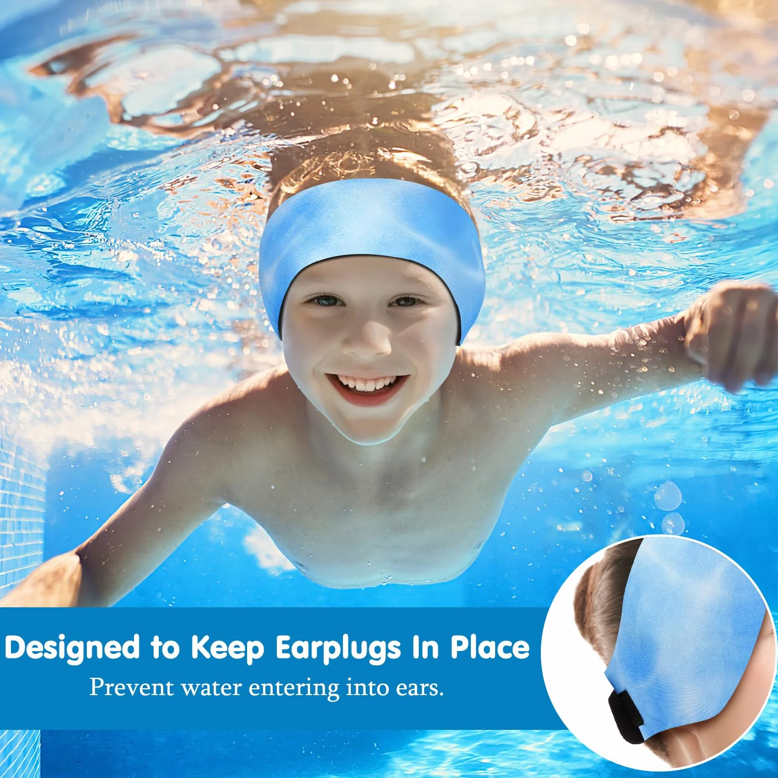 HeySplash Opaska pływacka, opaska ochronna na uszy pływackie, neoprenowa ochrona uszu dla dzieci i młodzieży, wodoodporna opaska do pływania, rozmiar M, niebieski falowanie