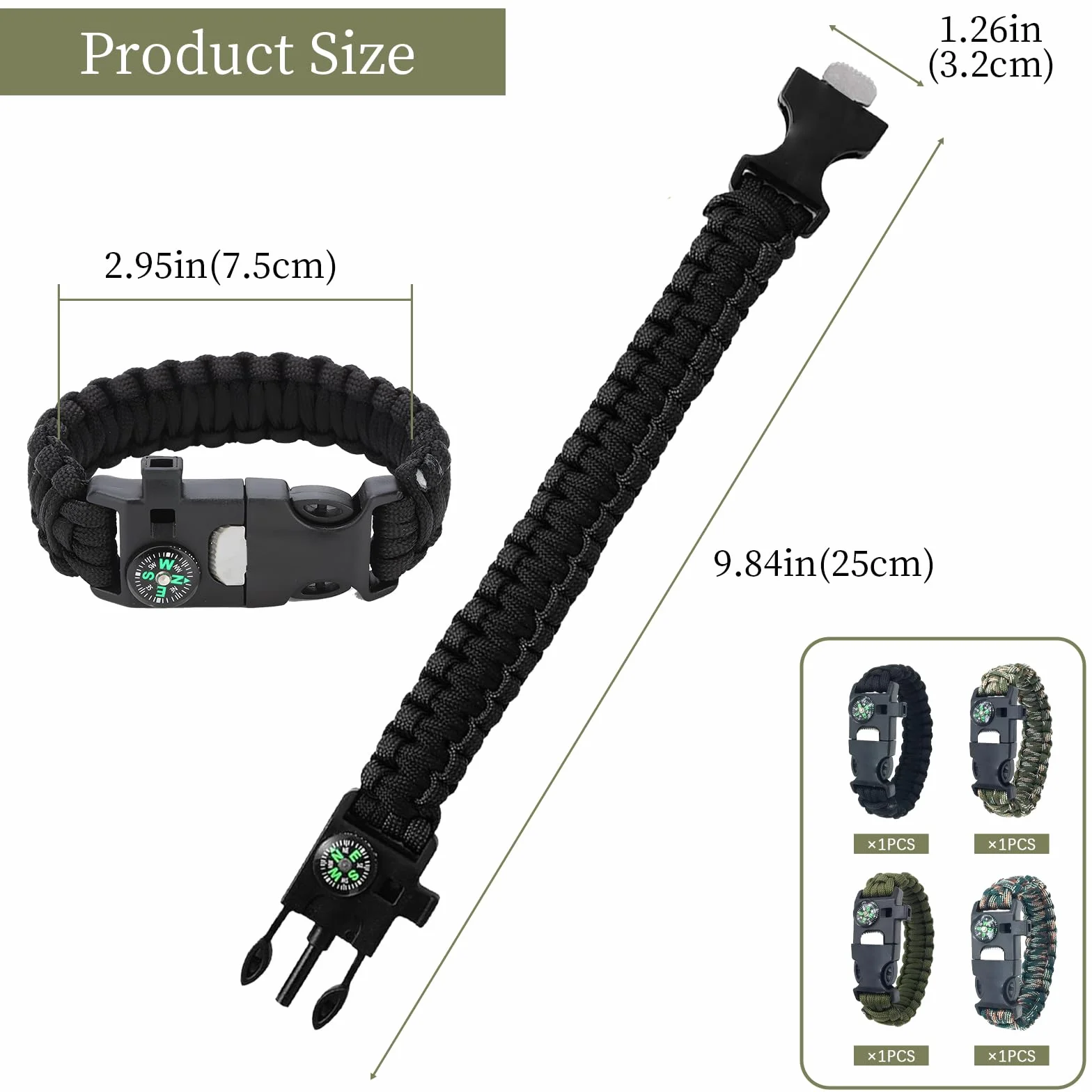 Bransoletki survivalowe zestaw 4 | 5 w 1 bransoletka Paracord z krzesiwem, kompasem i gwizdkiem | wyposażenie awaryjne na kemping, wędrówki, Adjustable (115 inches), Stal nierdzewna